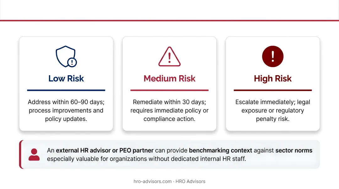 Three-tier nonprofit HR audit risk level prioritization framework with action timelines