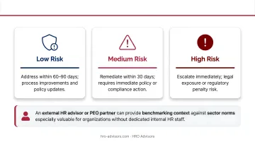 Three-tier nonprofit HR audit risk level prioritization framework with action timelines