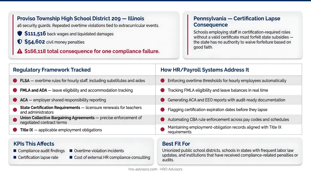 Four automated school HR compliance tracking functions preventing regulatory violations infographic