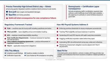 Four automated school HR compliance tracking functions preventing regulatory violations infographic