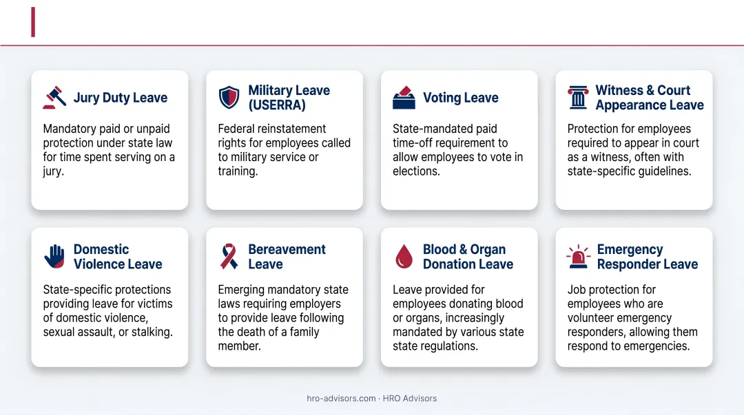 California required leave types comparison chart showing employee thresholds and key details