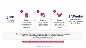 HRO Advisors three-step PEO broker evaluation process for startup HR outsourcing