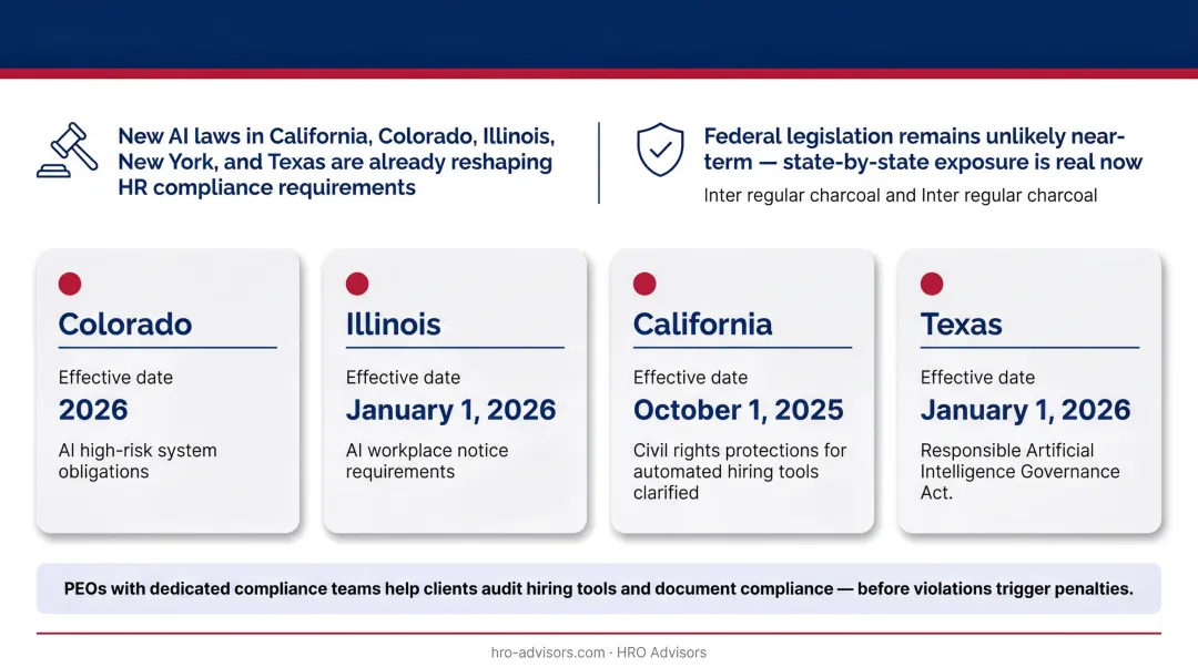 2025 2026 state AI hiring regulation compliance timeline by state for employers