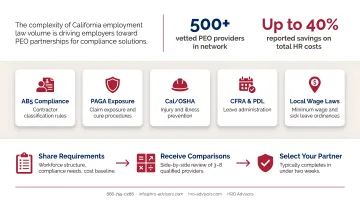 HRO Advisors PEO comparison service dashboard showing side-by-side provider recommendations for California employers