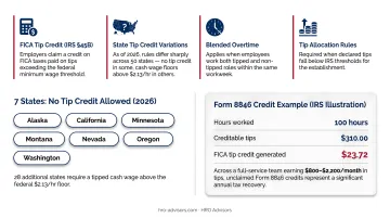 Restaurant tipped employee payroll compliance requirements FICA credits state wage rules infographic