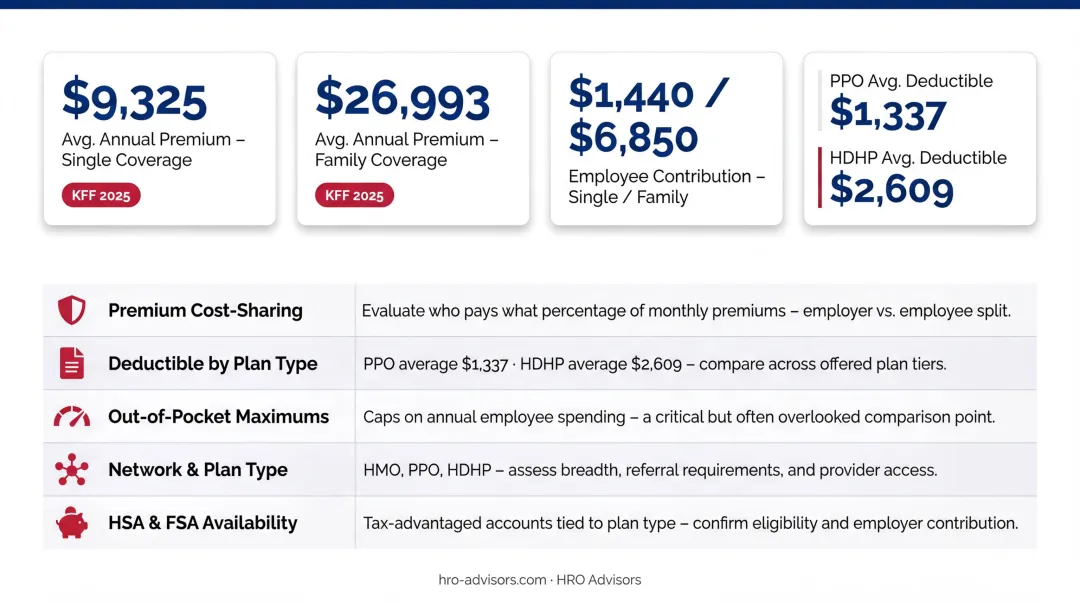 Health insurance plan comparison showing PPO HDHP HMO deductibles premiums and cost-sharing