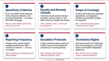 Six SLA evaluation criteria for HR outsourcing vendors comparison infographic