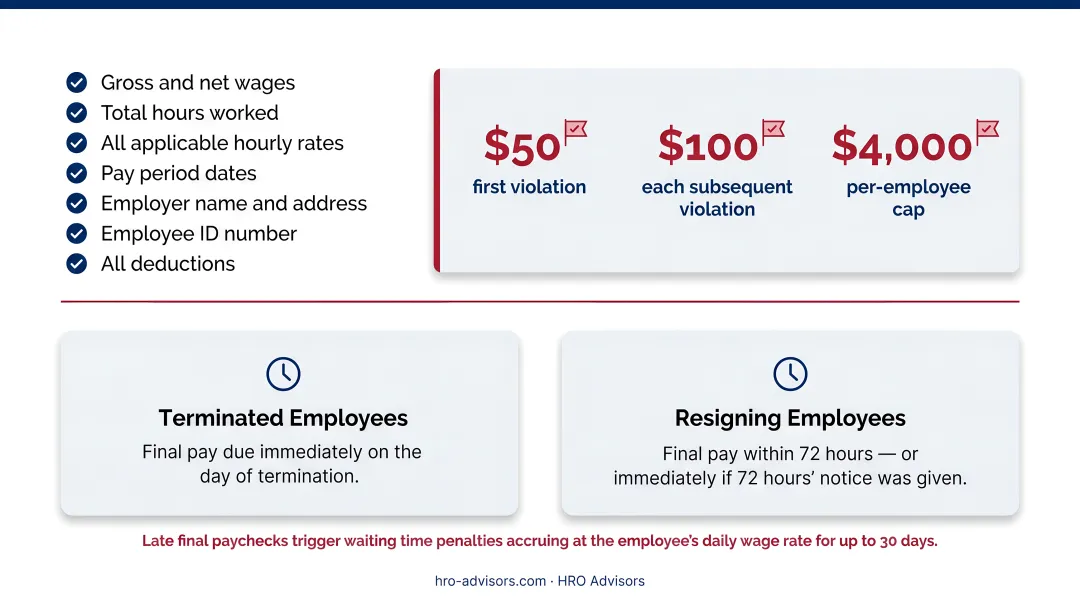 California daily overtime rules and final paycheck timing requirements comparison infographic