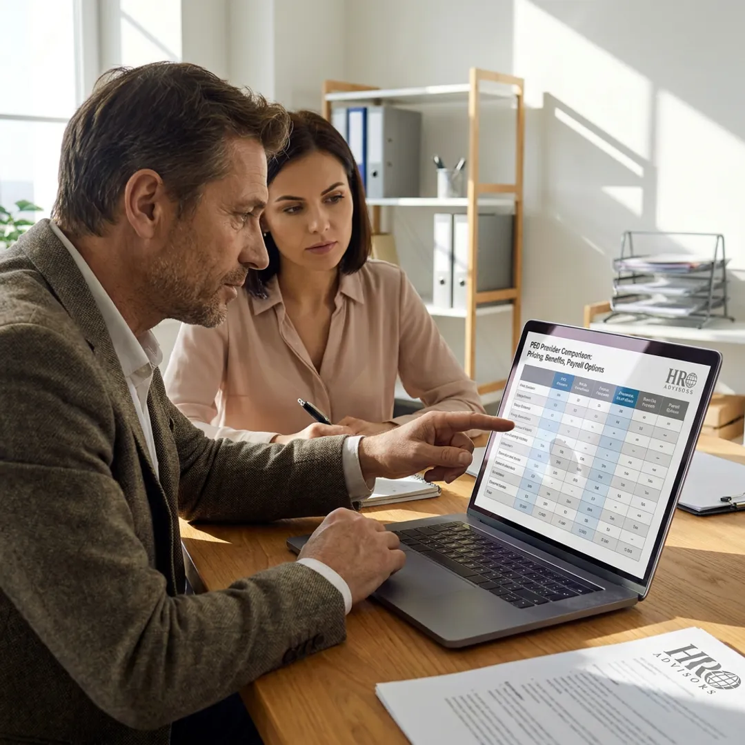 Advisor reviewing PEO comparisons with business owner