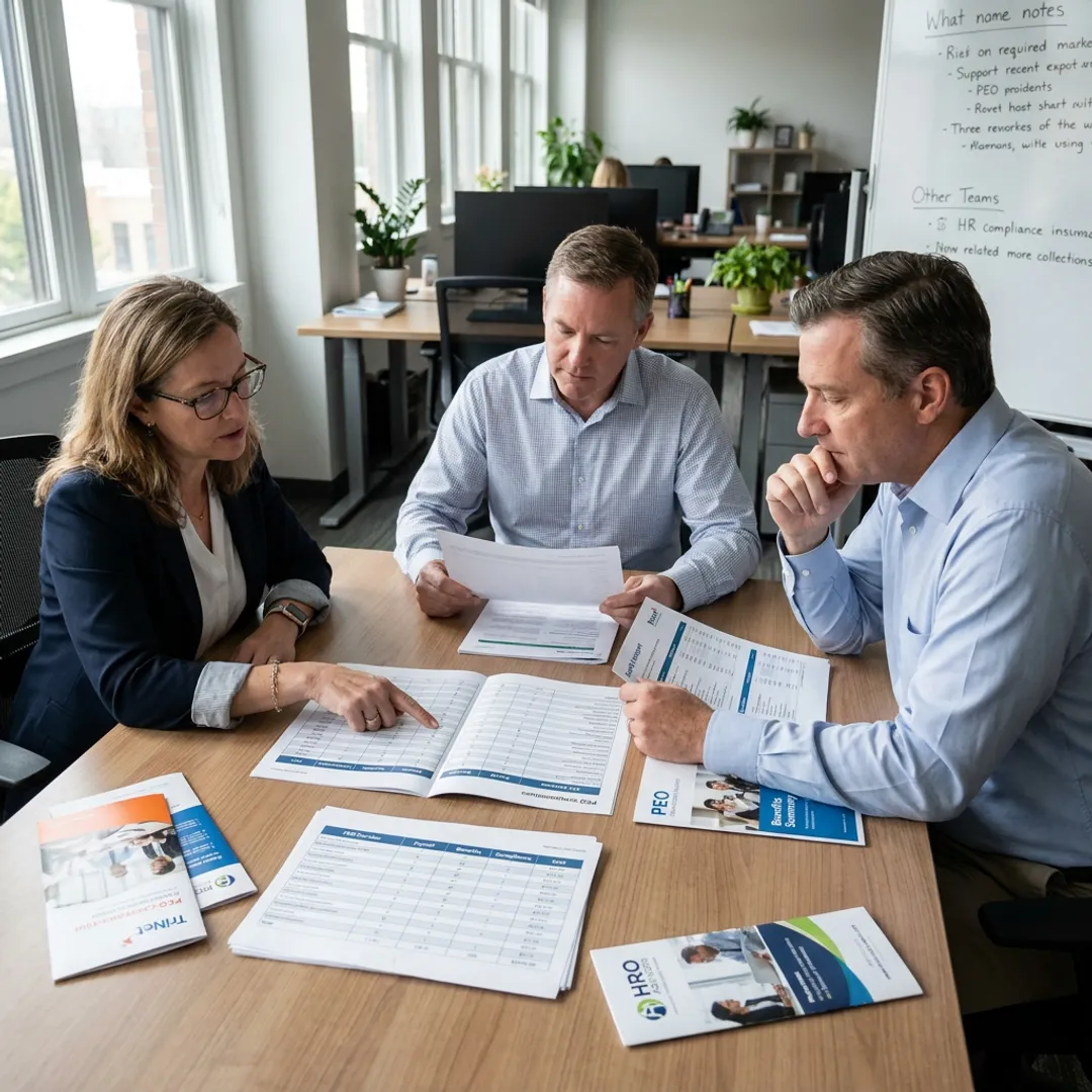 Business team reviewing PEO comparison documents