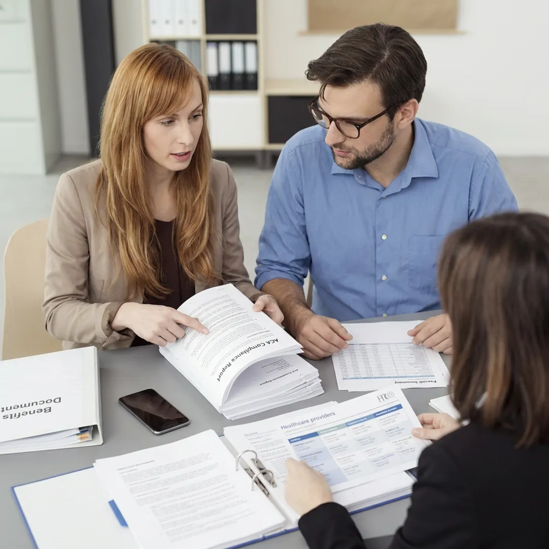 HR advisor reviewing compliance reports with business team