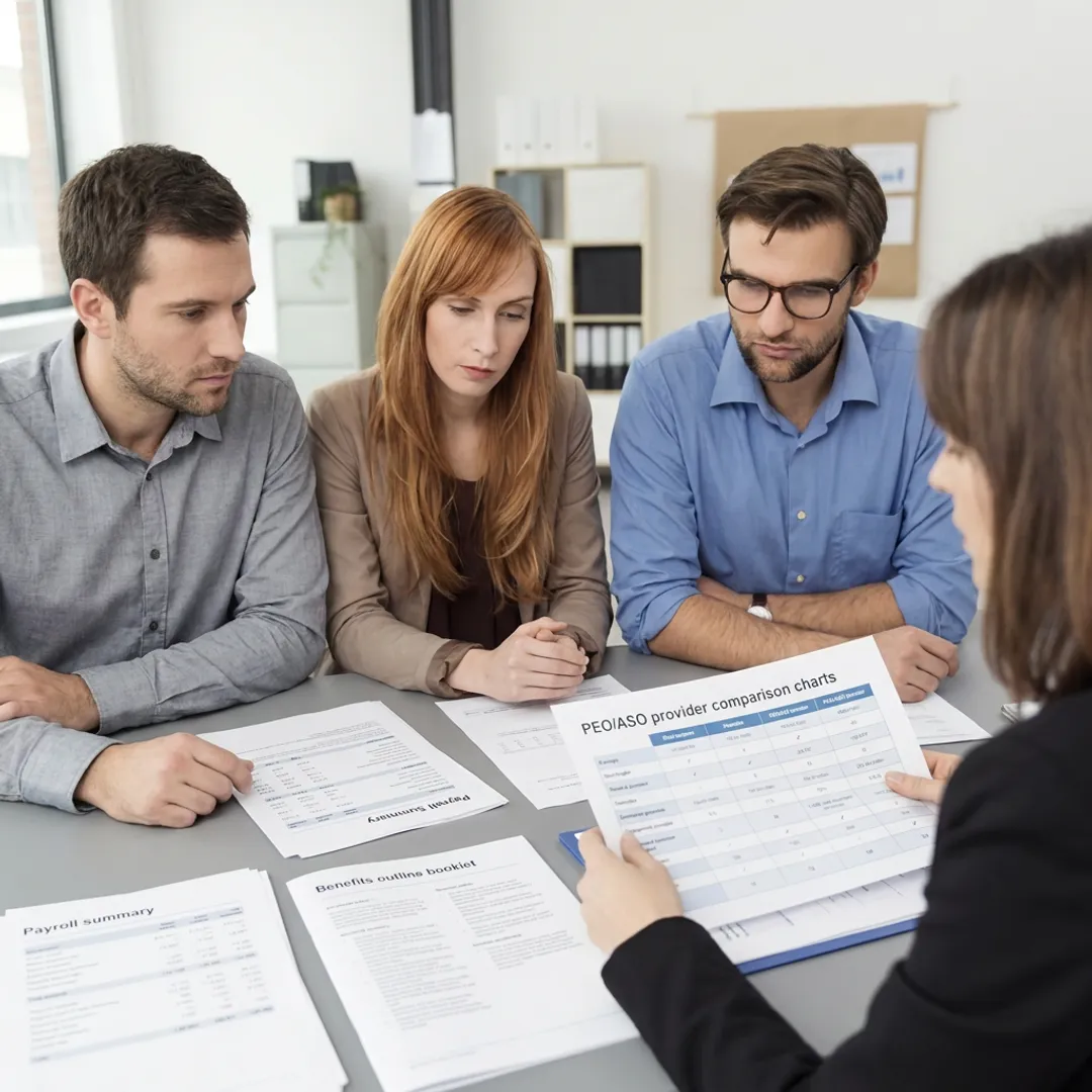 Startup team reviewing HR services with an advisor