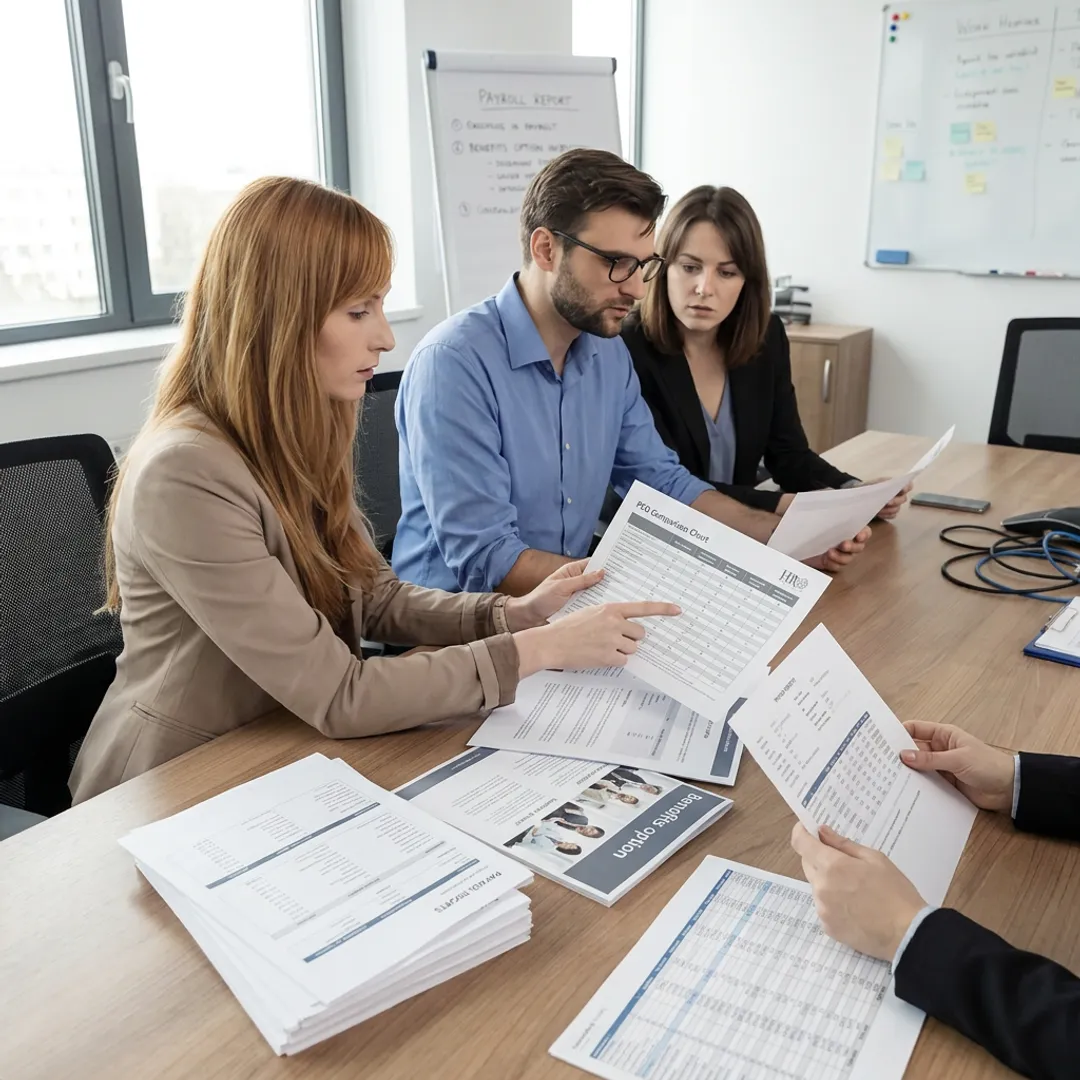 Advisor reviewing PEO comparison charts with business leaders