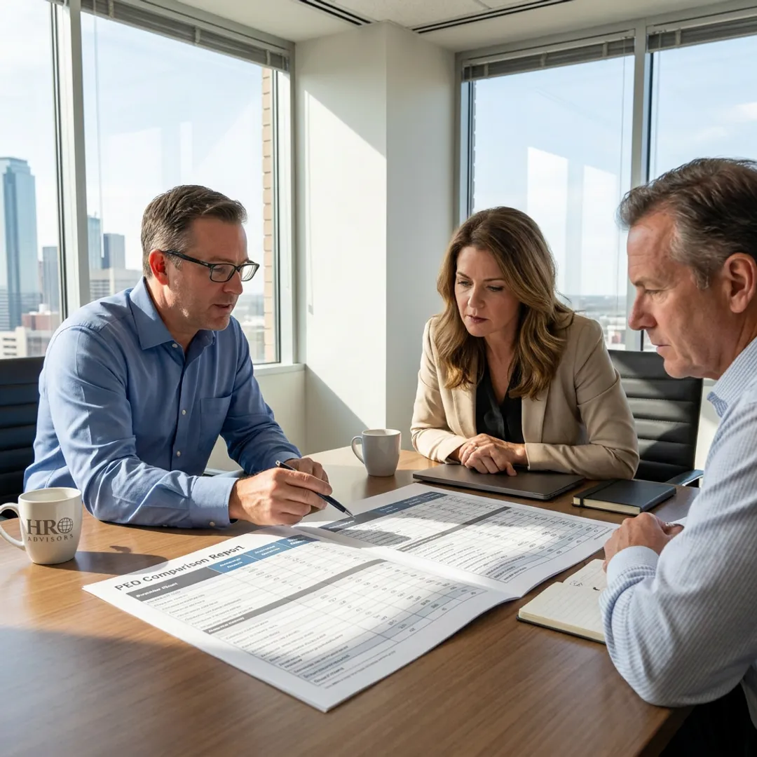 Business advisor reviewing PEO comparison with clients