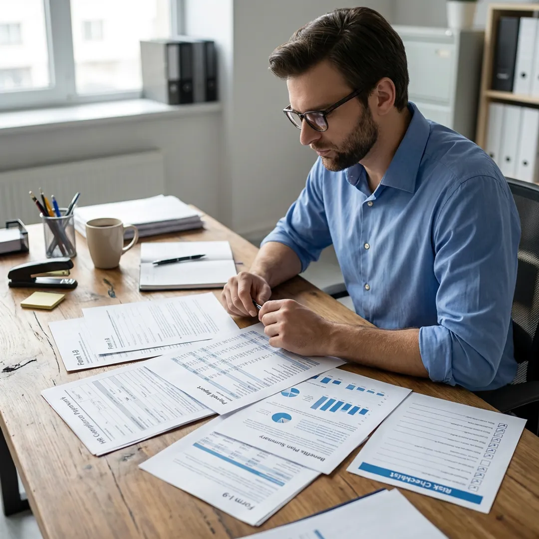 Advisor reviewing HR risk management documents