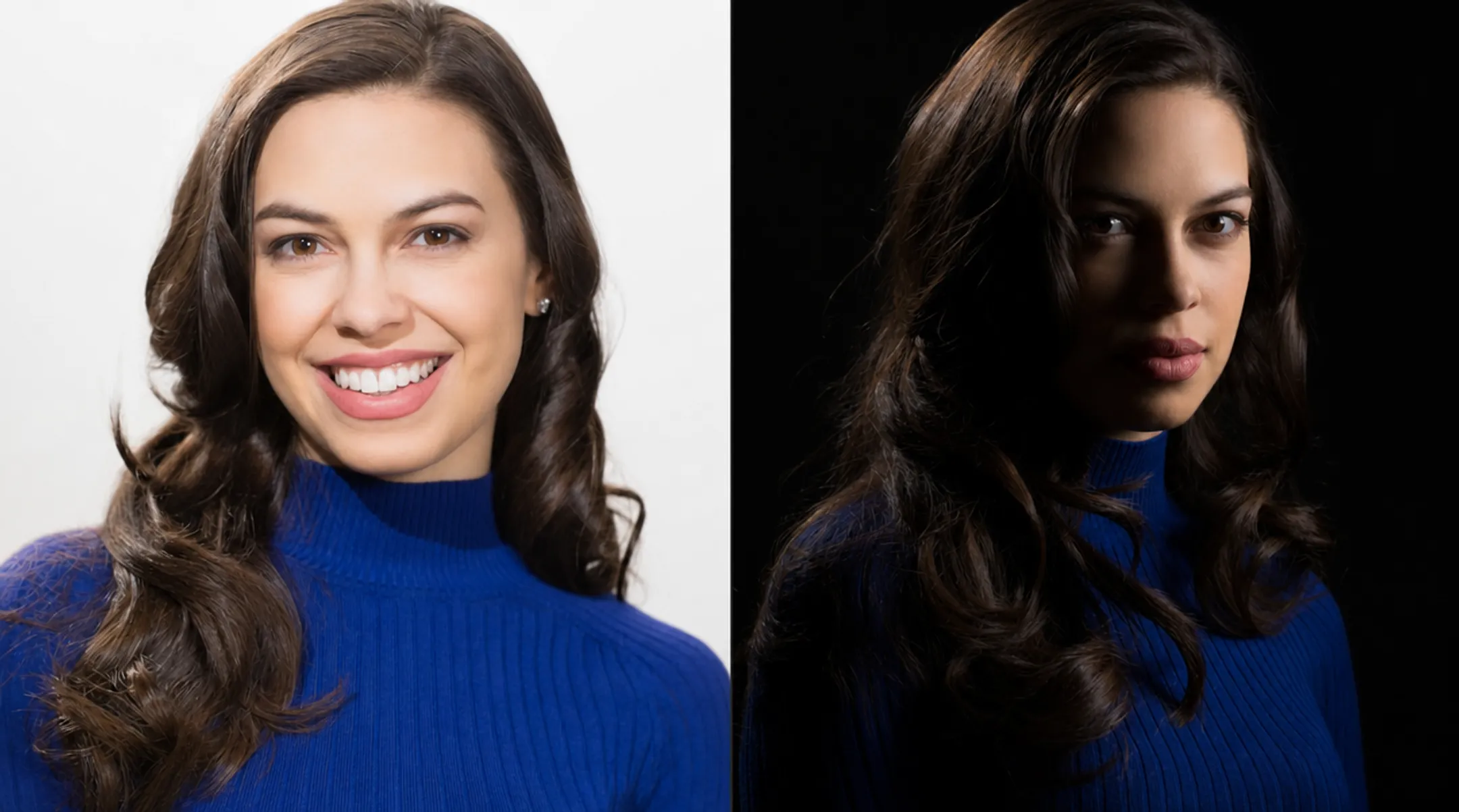 Side-by-side comparison of high-key and low-key film lighting styles