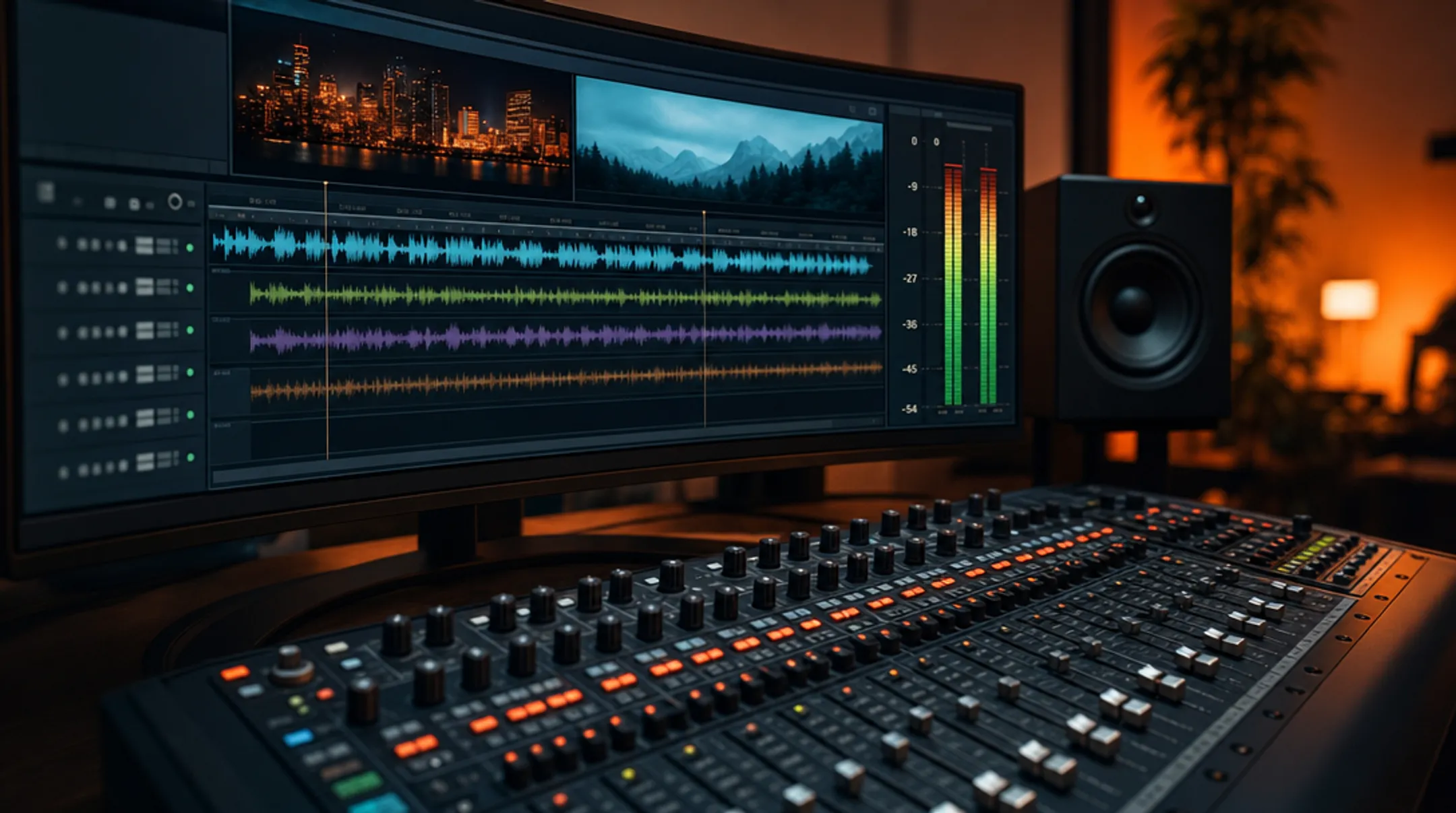 Audio mixing console with waveform displays for documentary sound editing