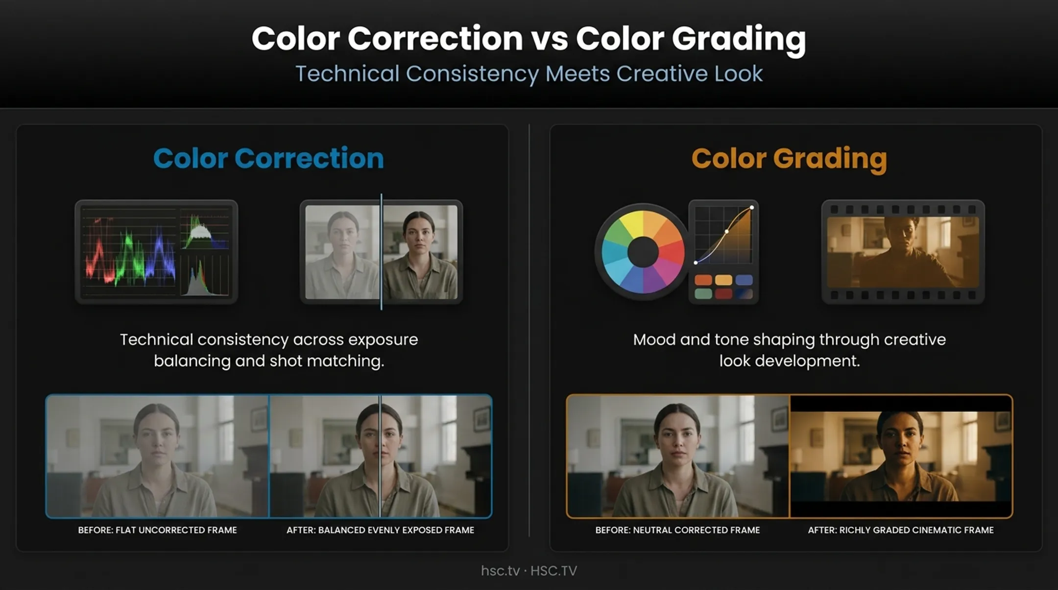 Color correction versus color grading side-by-side comparison breakdown