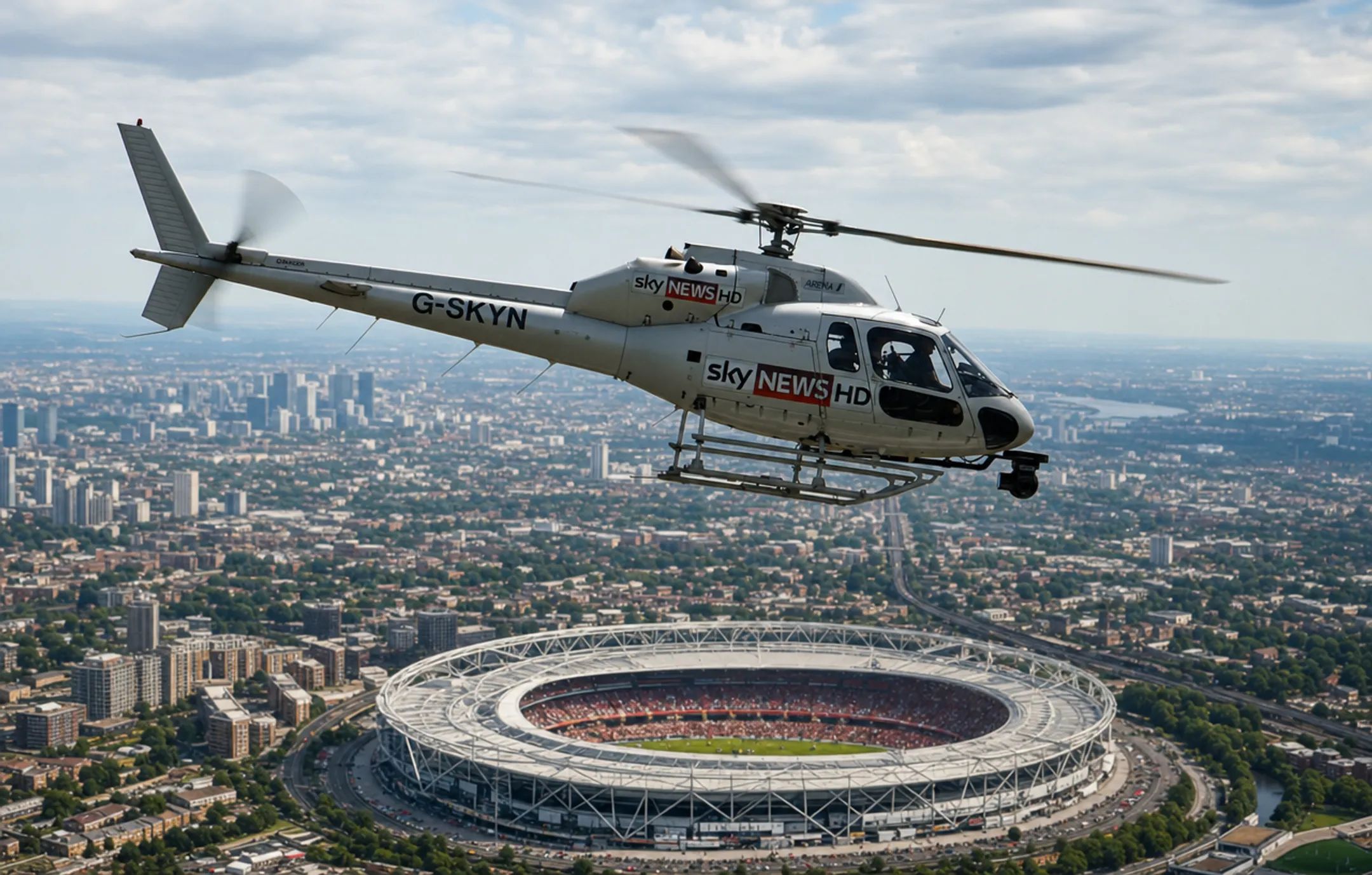 Helicopter capturing aerial footage of stadium during live sports broadcast