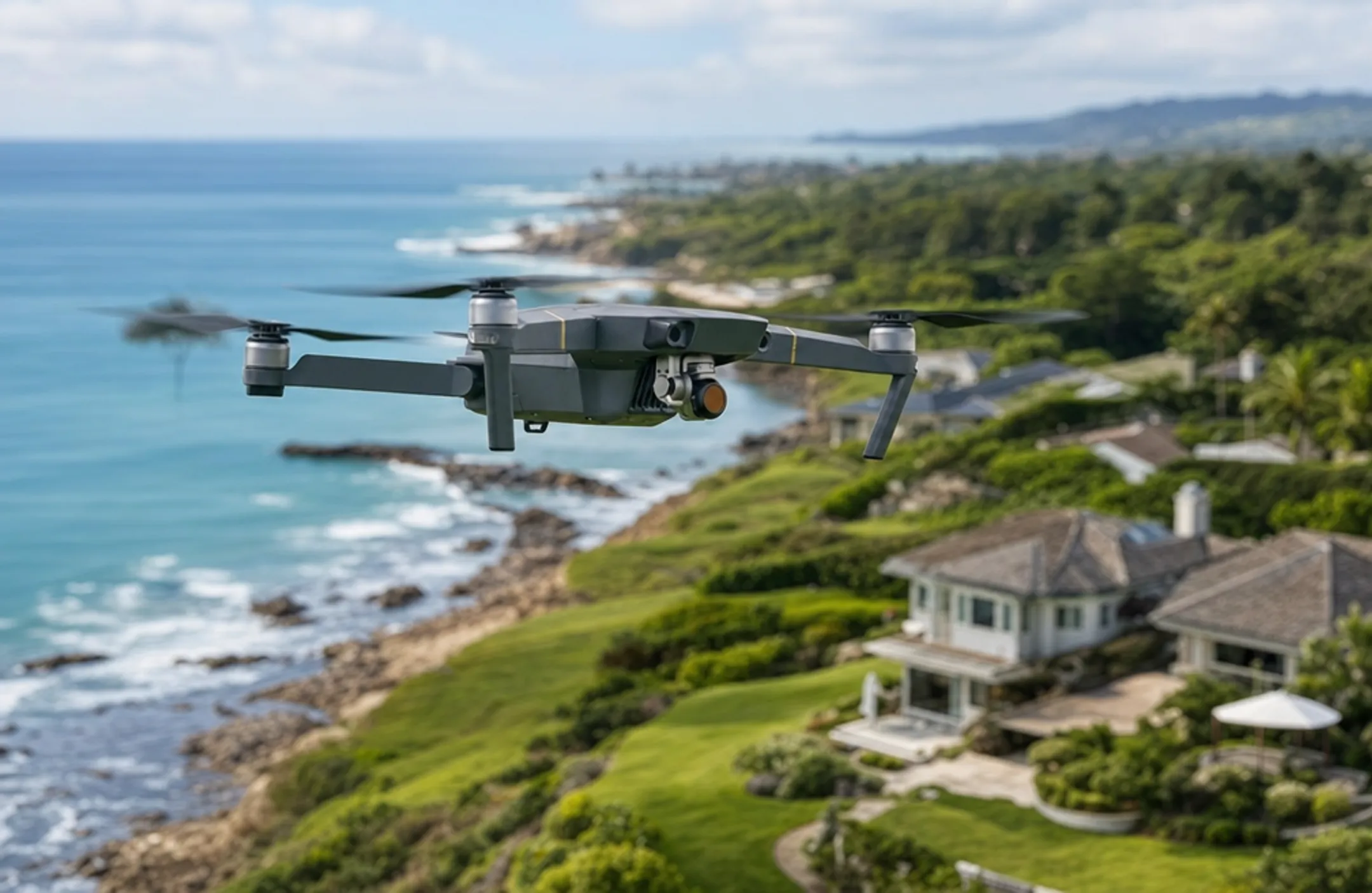 Drone hovering above coastline capturing aerial real estate footage