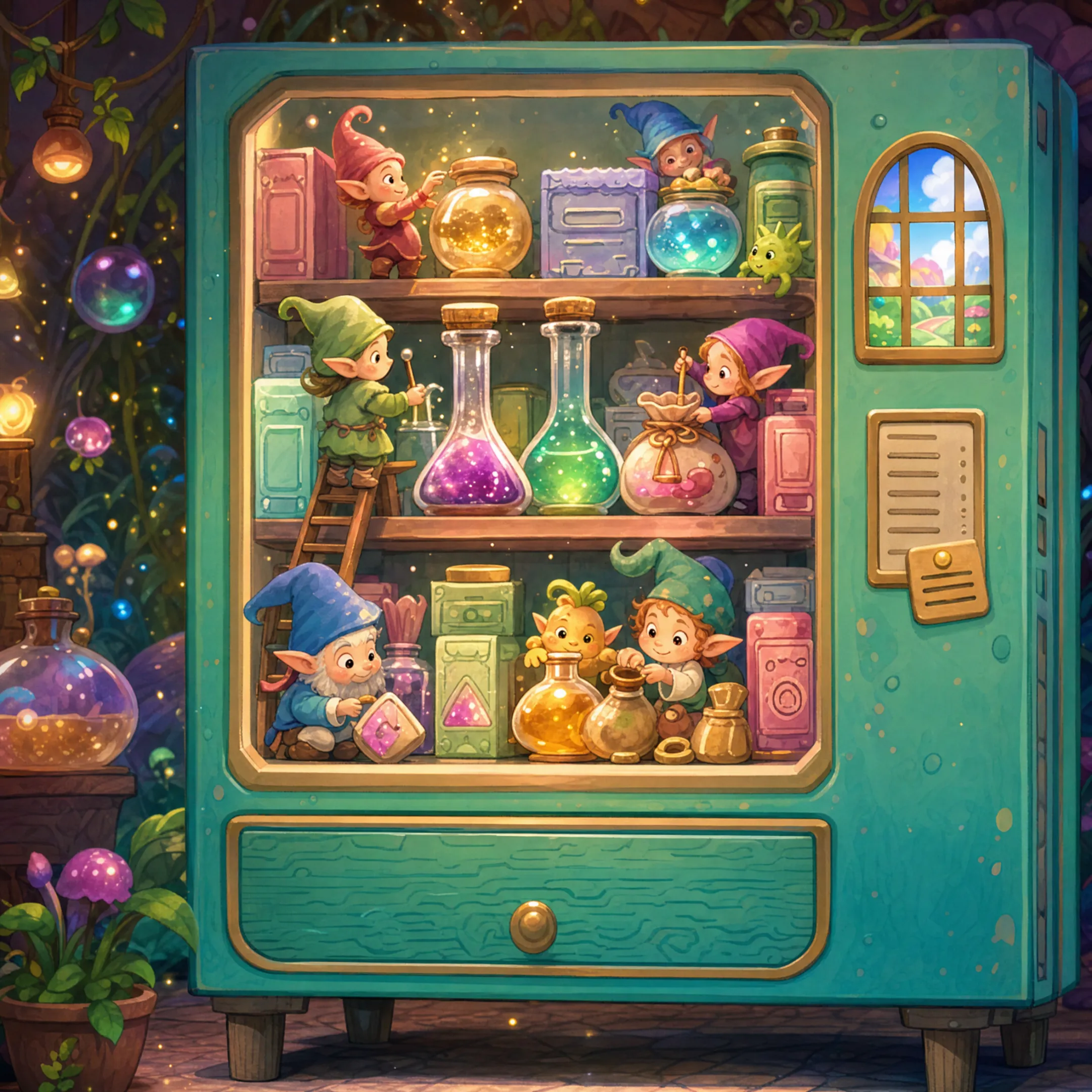 Whimsical animated fantasy world inside a vending machine illustration
