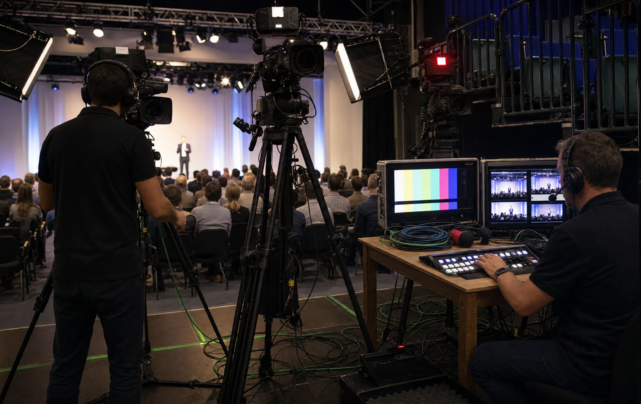 Multi-camera crew filming corporate town hall live broadcast event