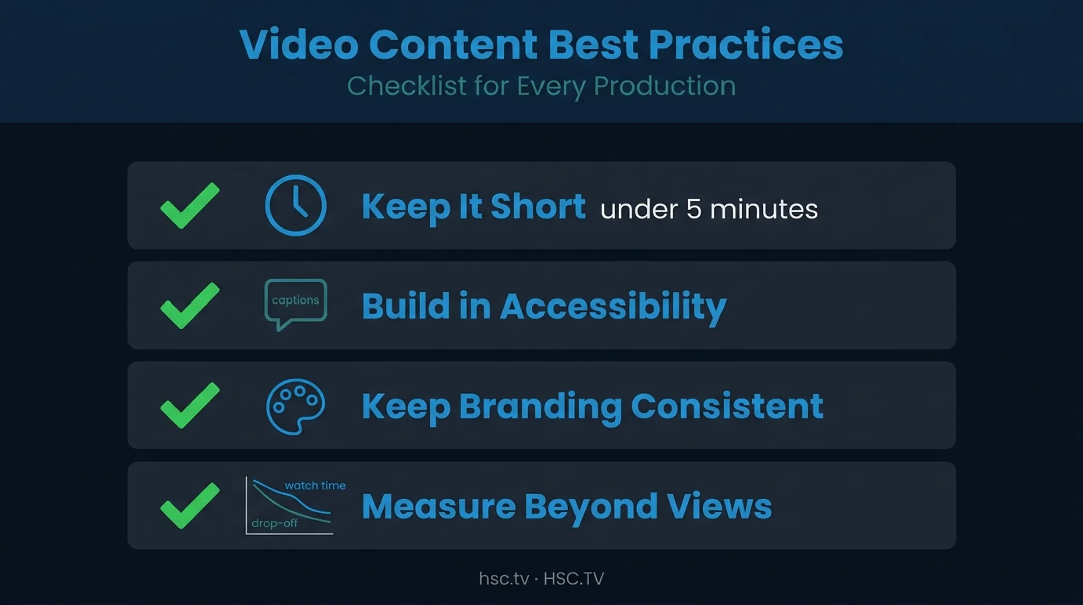 Internal comms video best practices checklist covering length captions and metrics