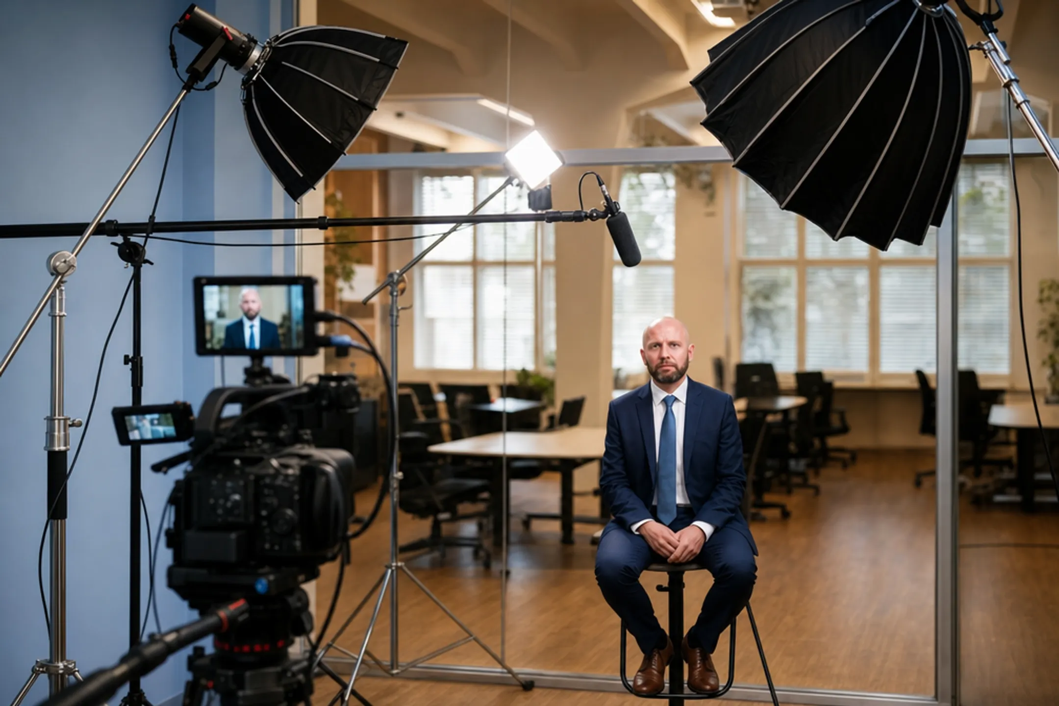 Documentary crew filming subject interview with professional lighting setup