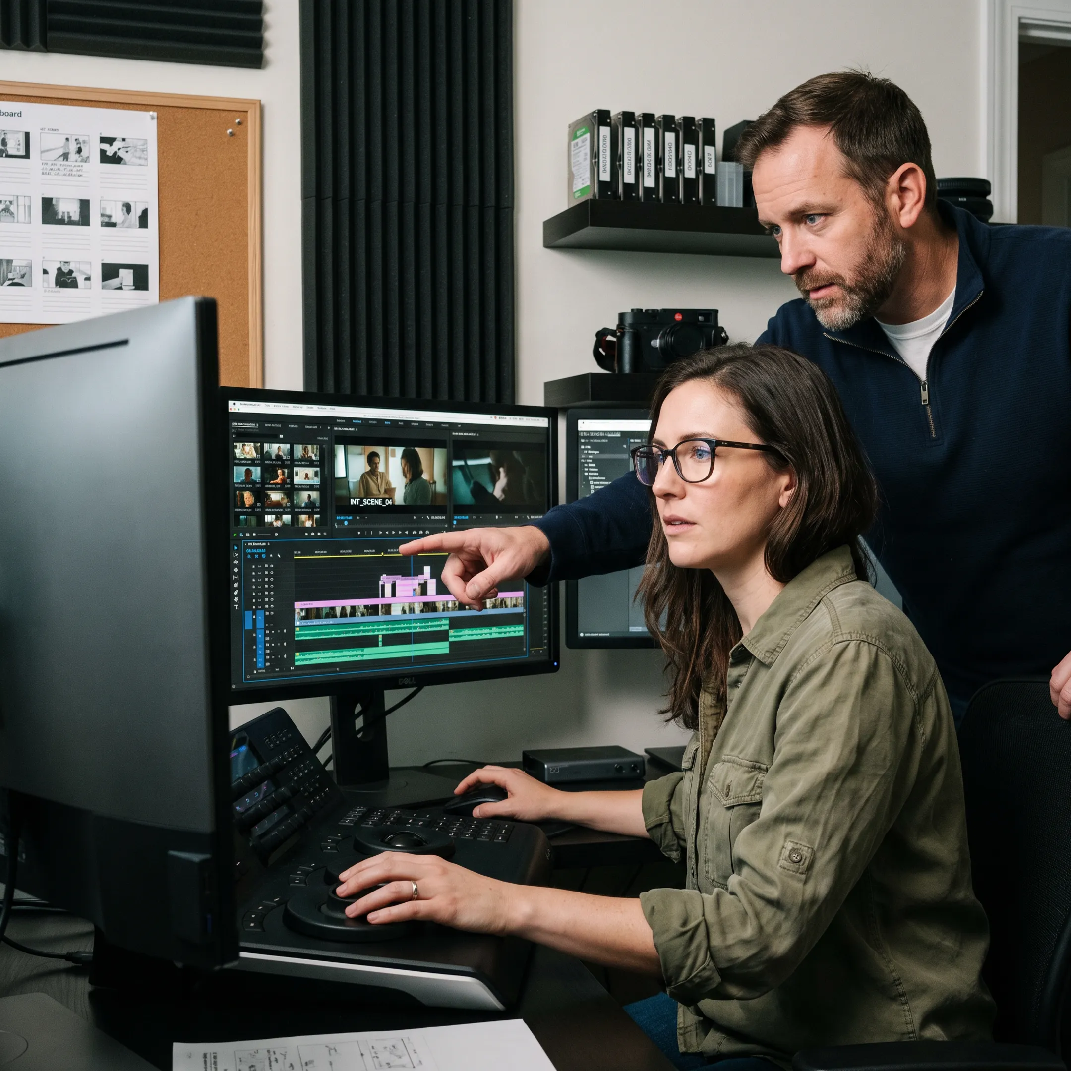 Producer and editor reviewing video footage
