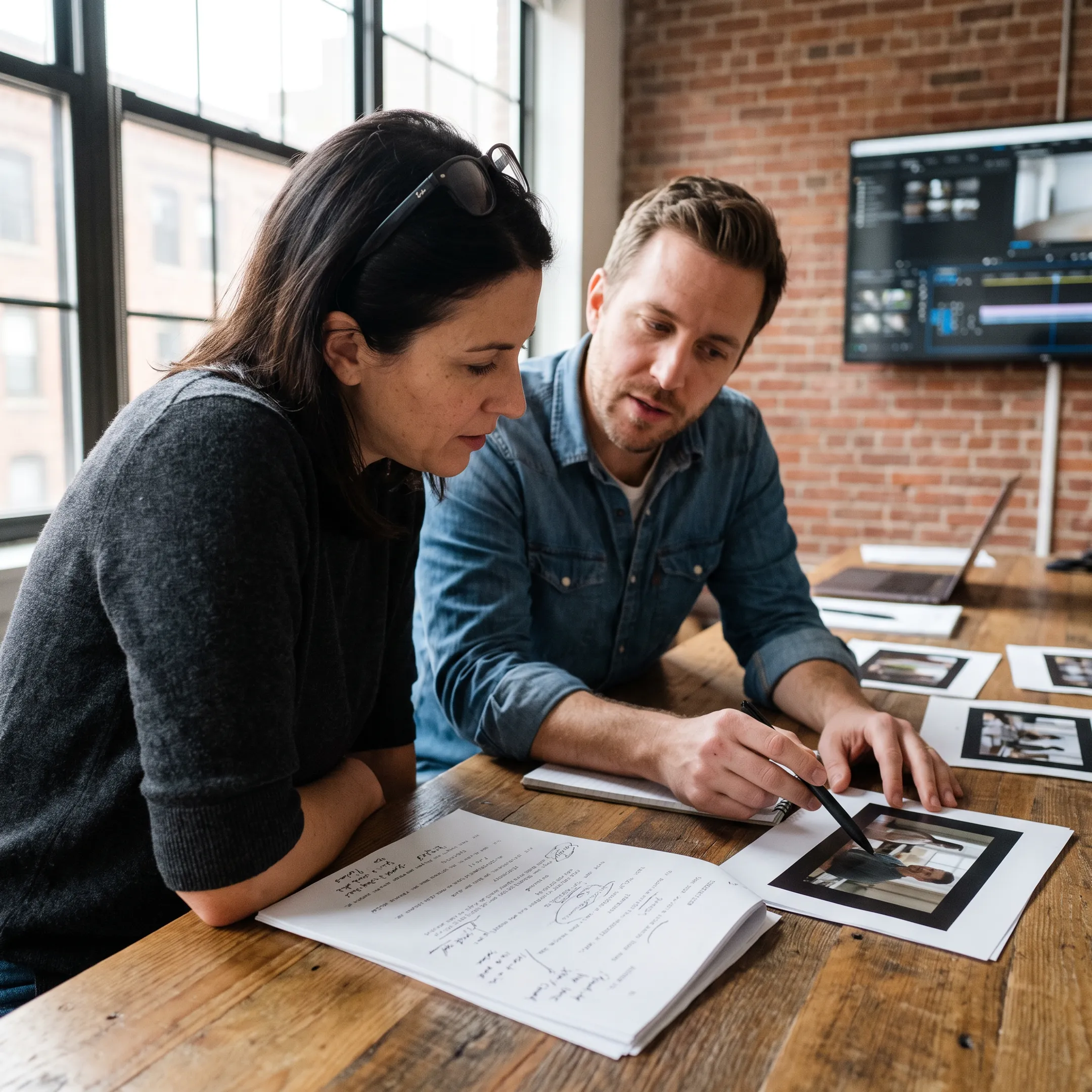 Creative team reviewing a script and storyboard