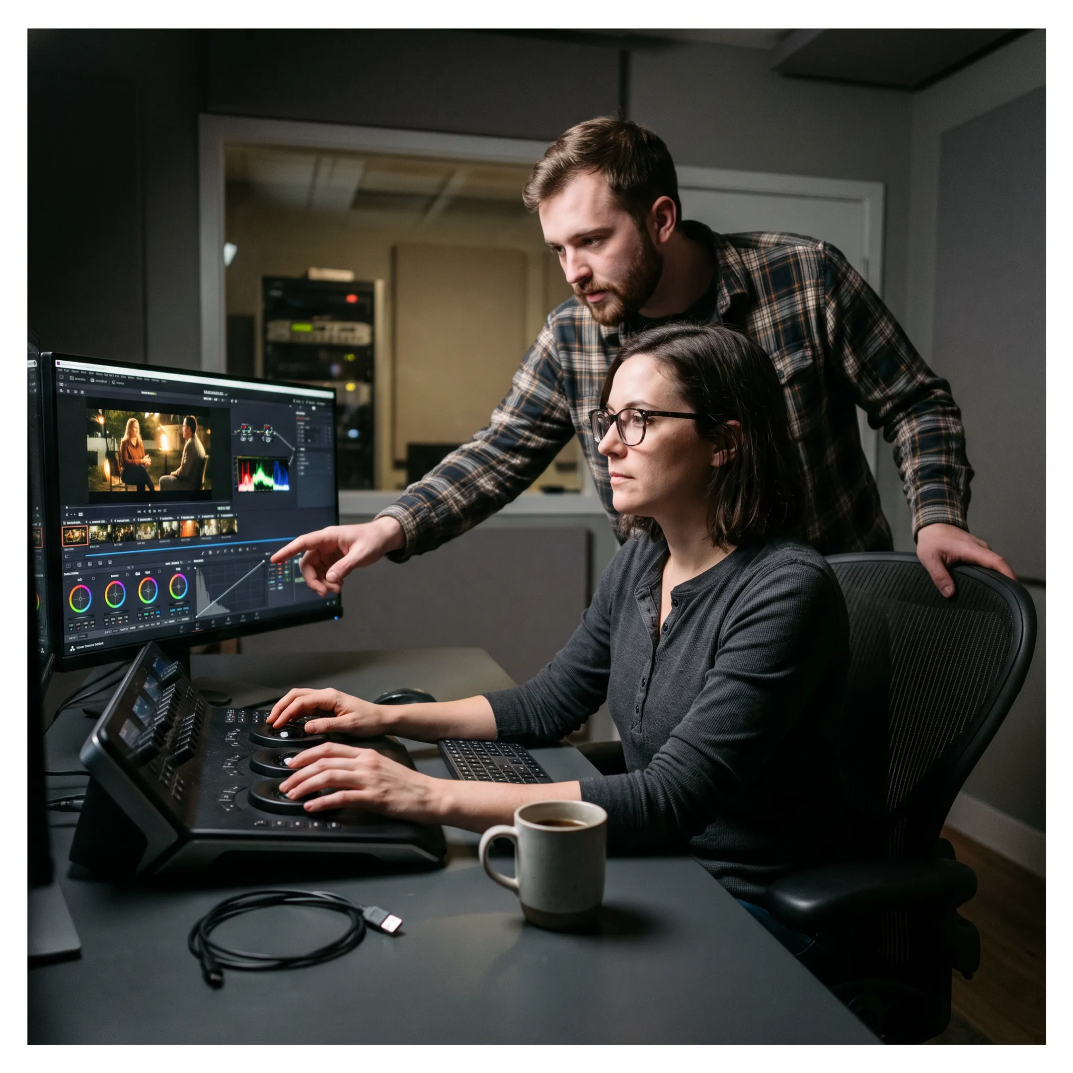 Colorist and editor collaborating in a professional post-production suite