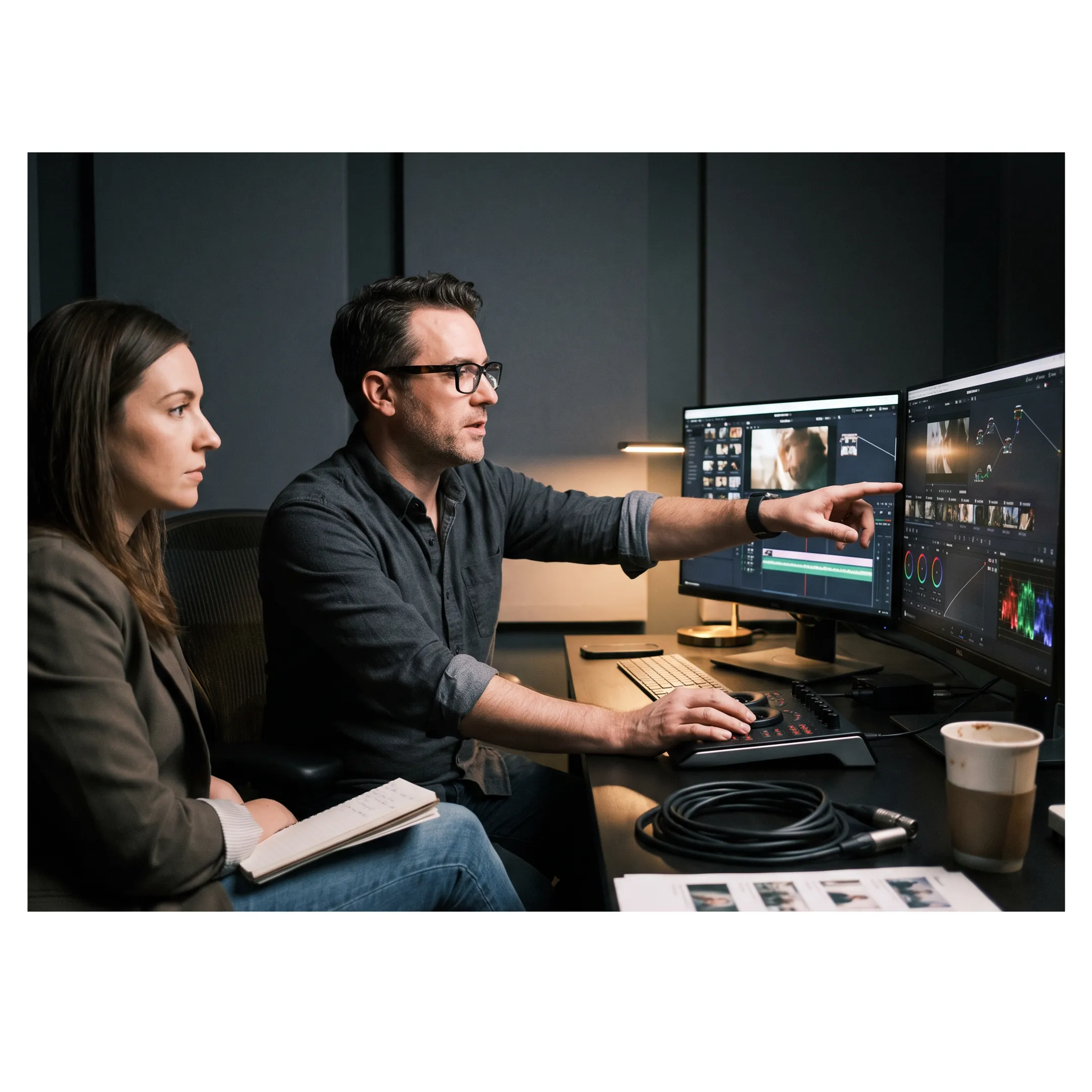 Editor and producer reviewing footage