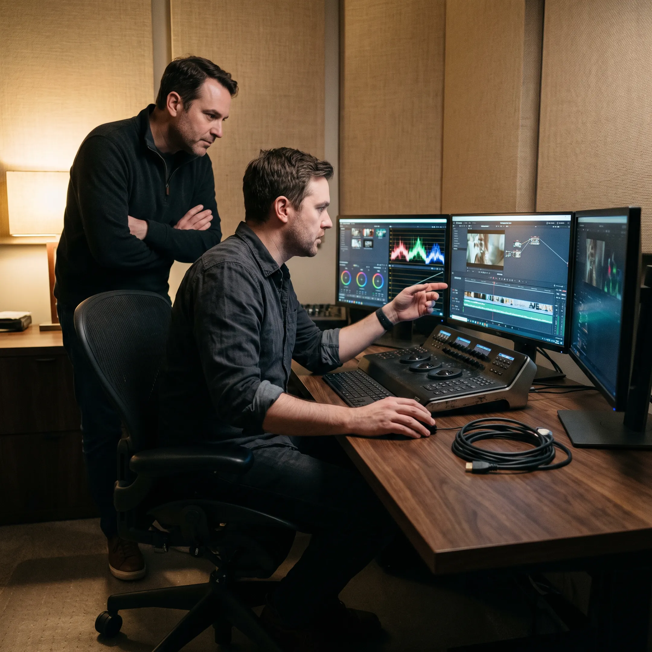 Producer reviewing footage with an editor