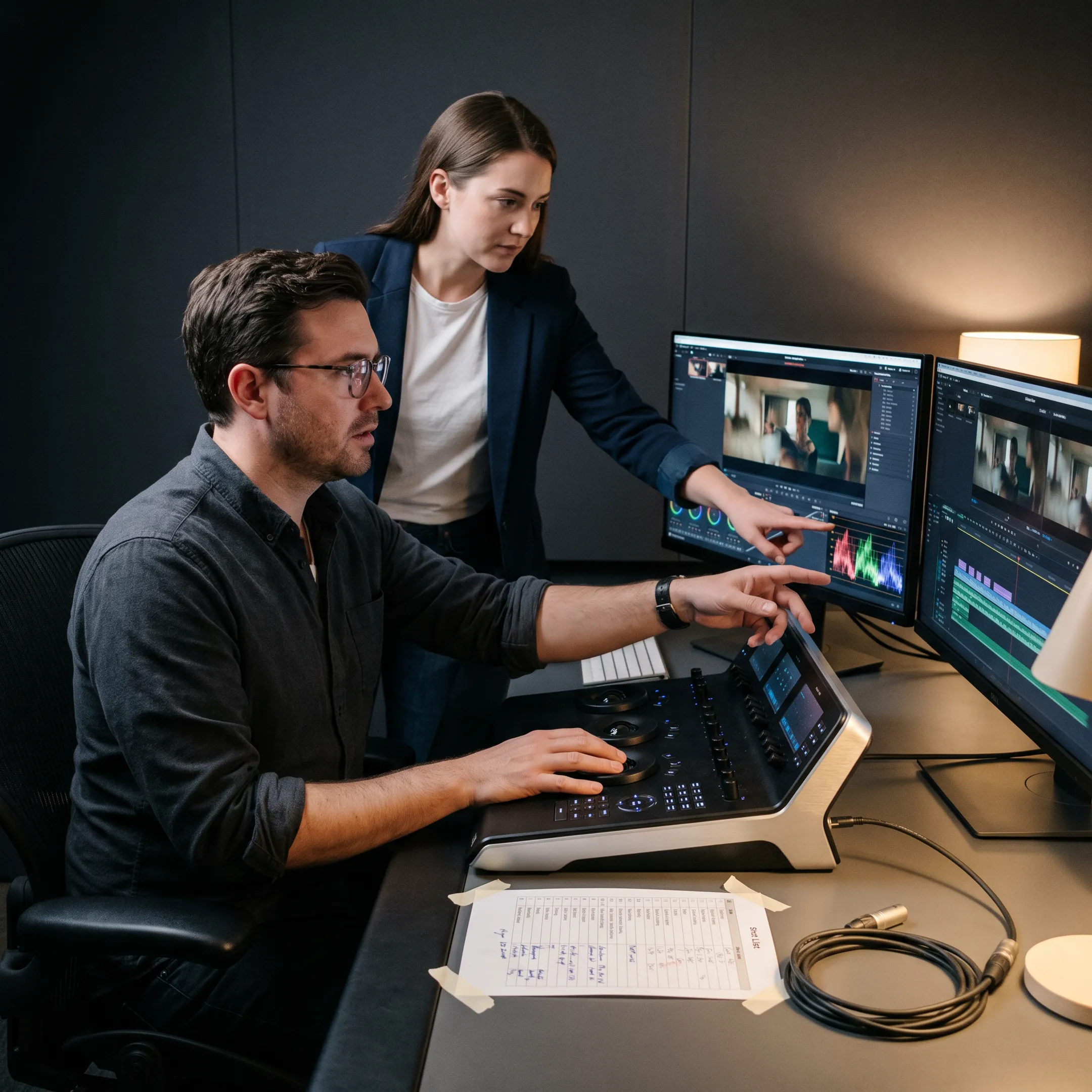 Editor and producer reviewing footage
