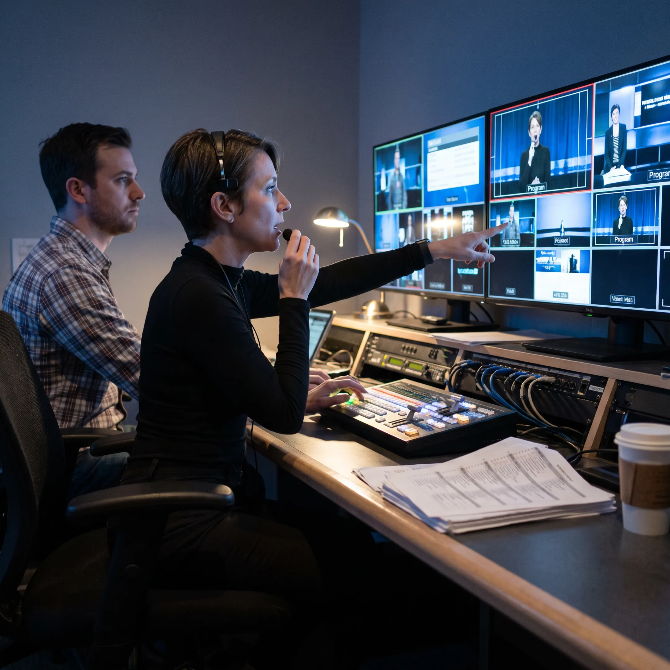 Director monitoring a multi-camera live event broadcast