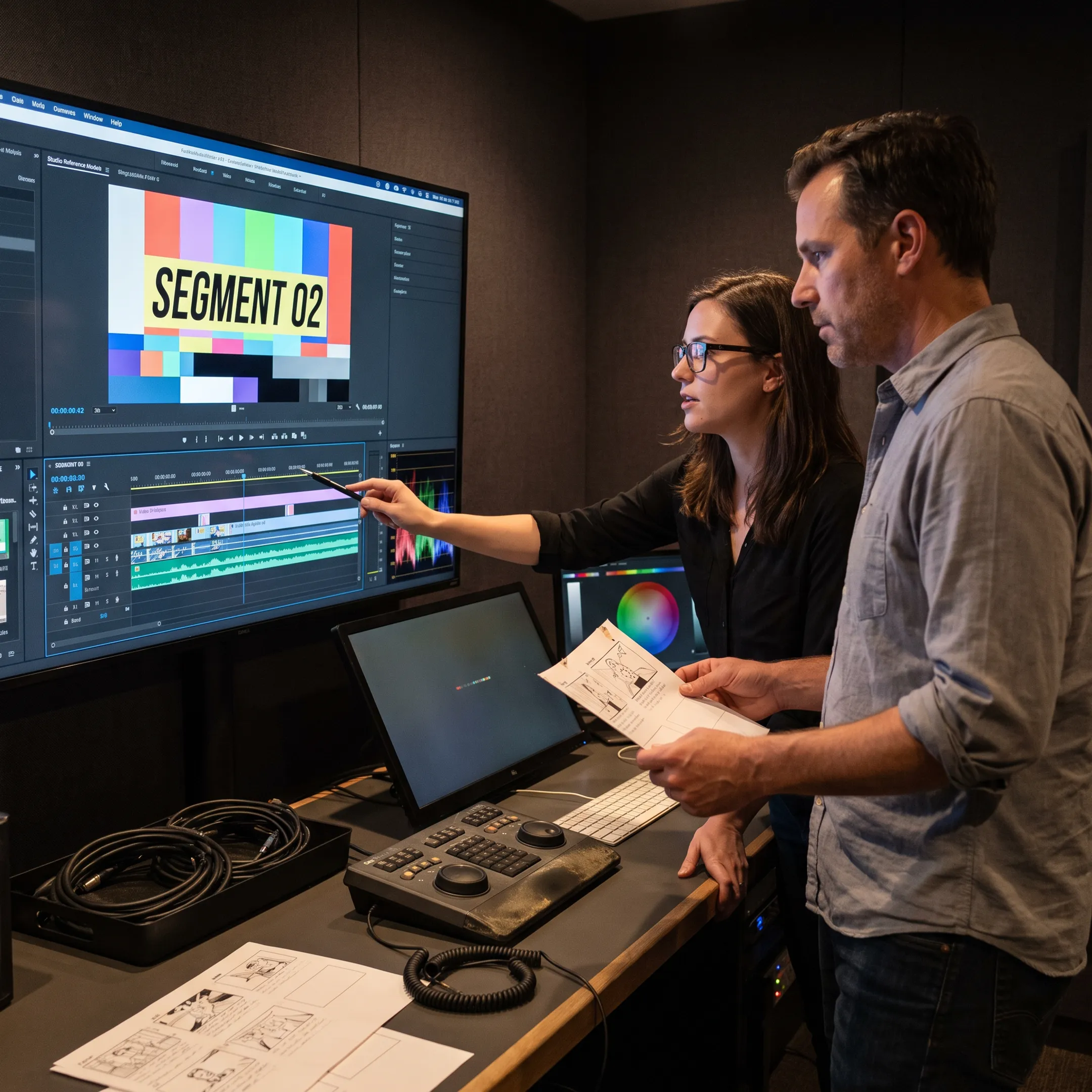 Creative team reviewing animated graphics sequence
