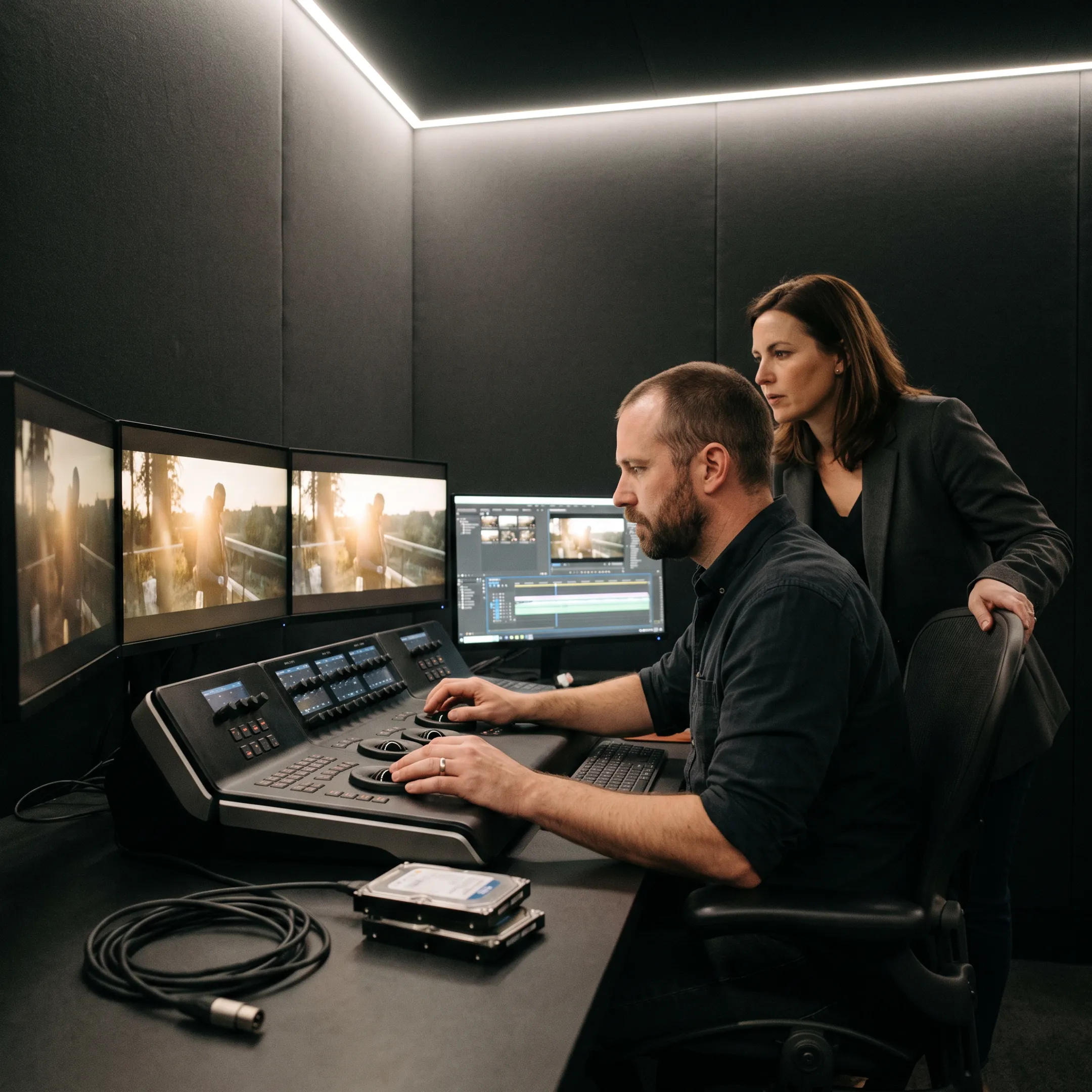 Editor and producer reviewing video footage
