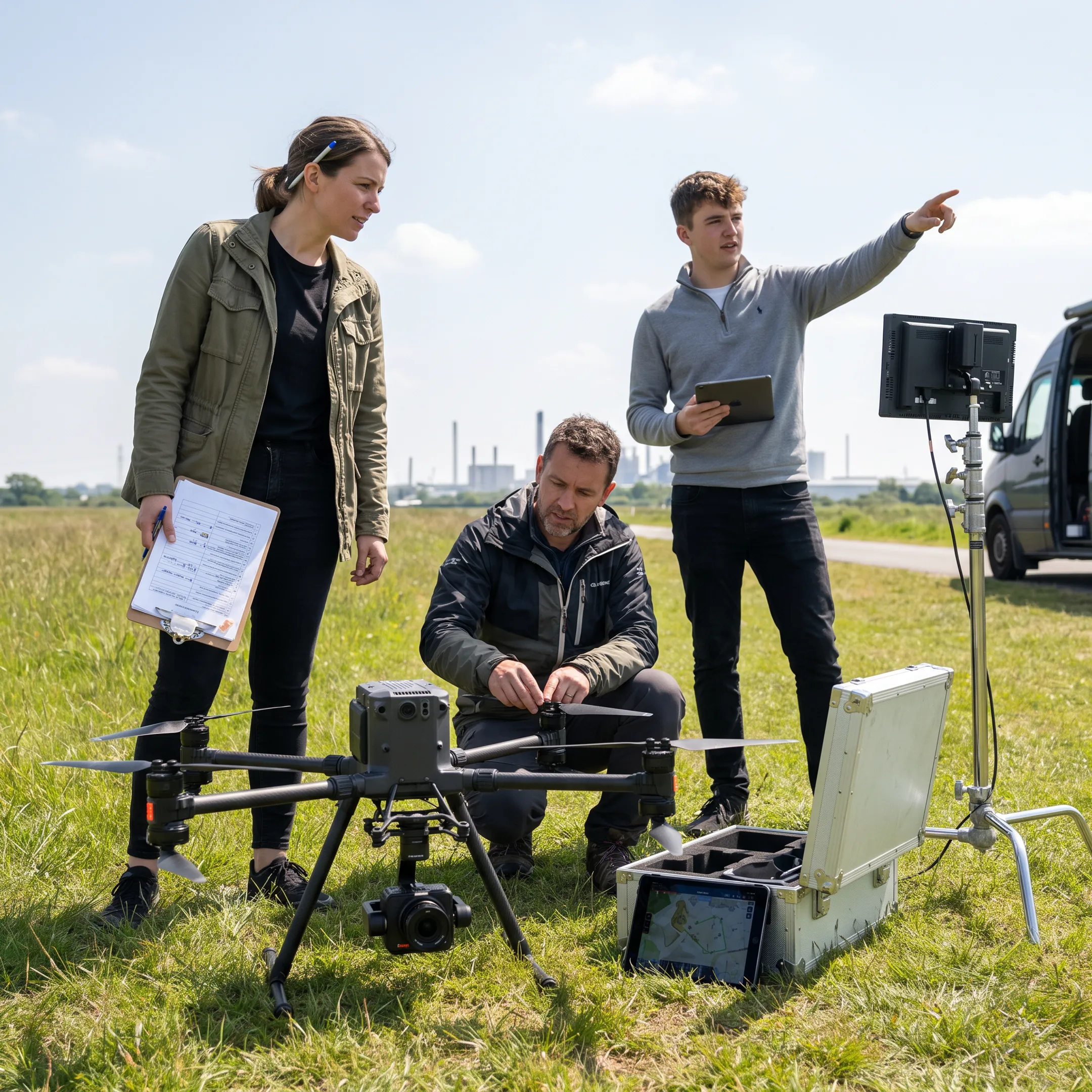 Production team planning a drone video shoot