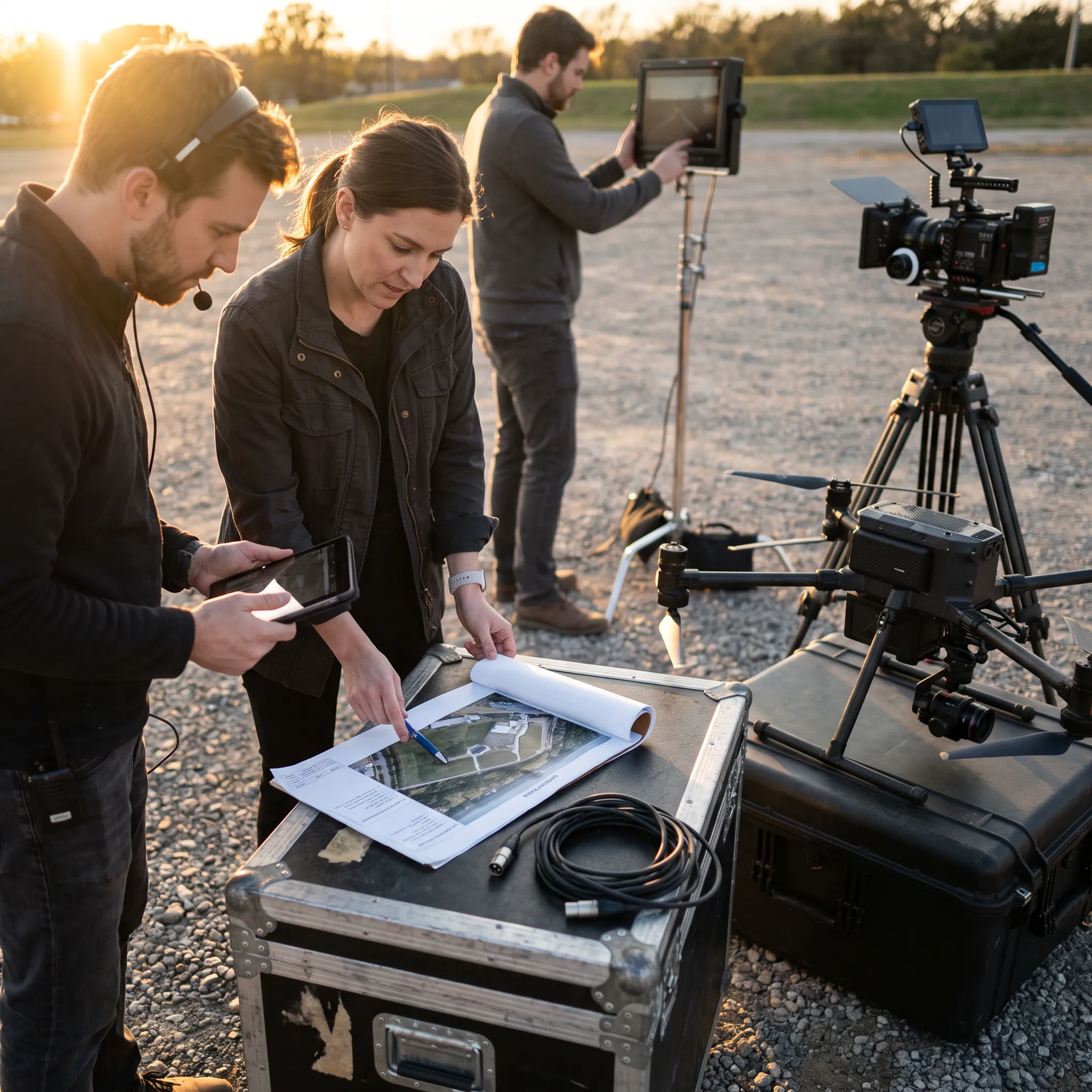 Production team planning drone camera coverage