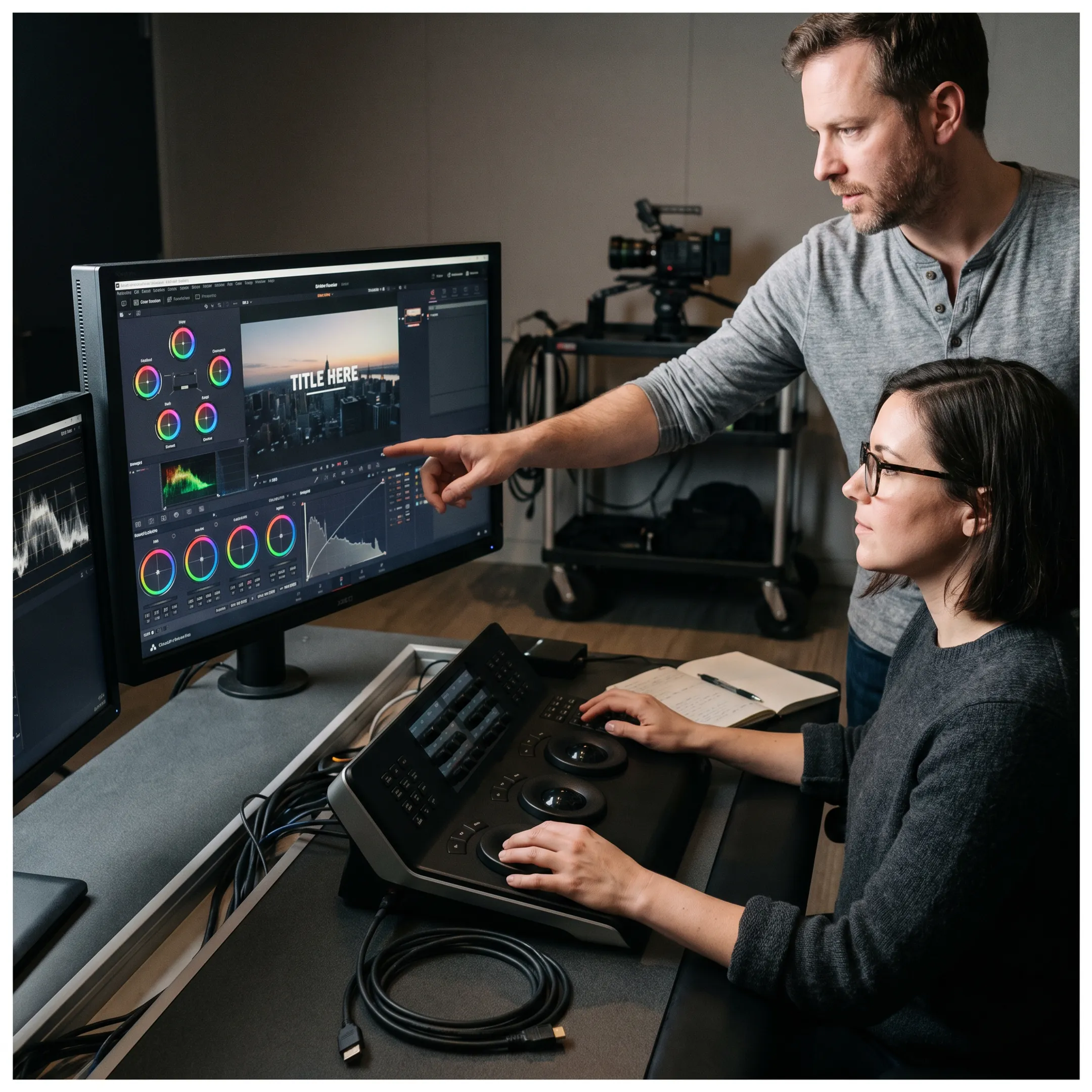 Post-production team reviewing color and graphics on a studio monitor