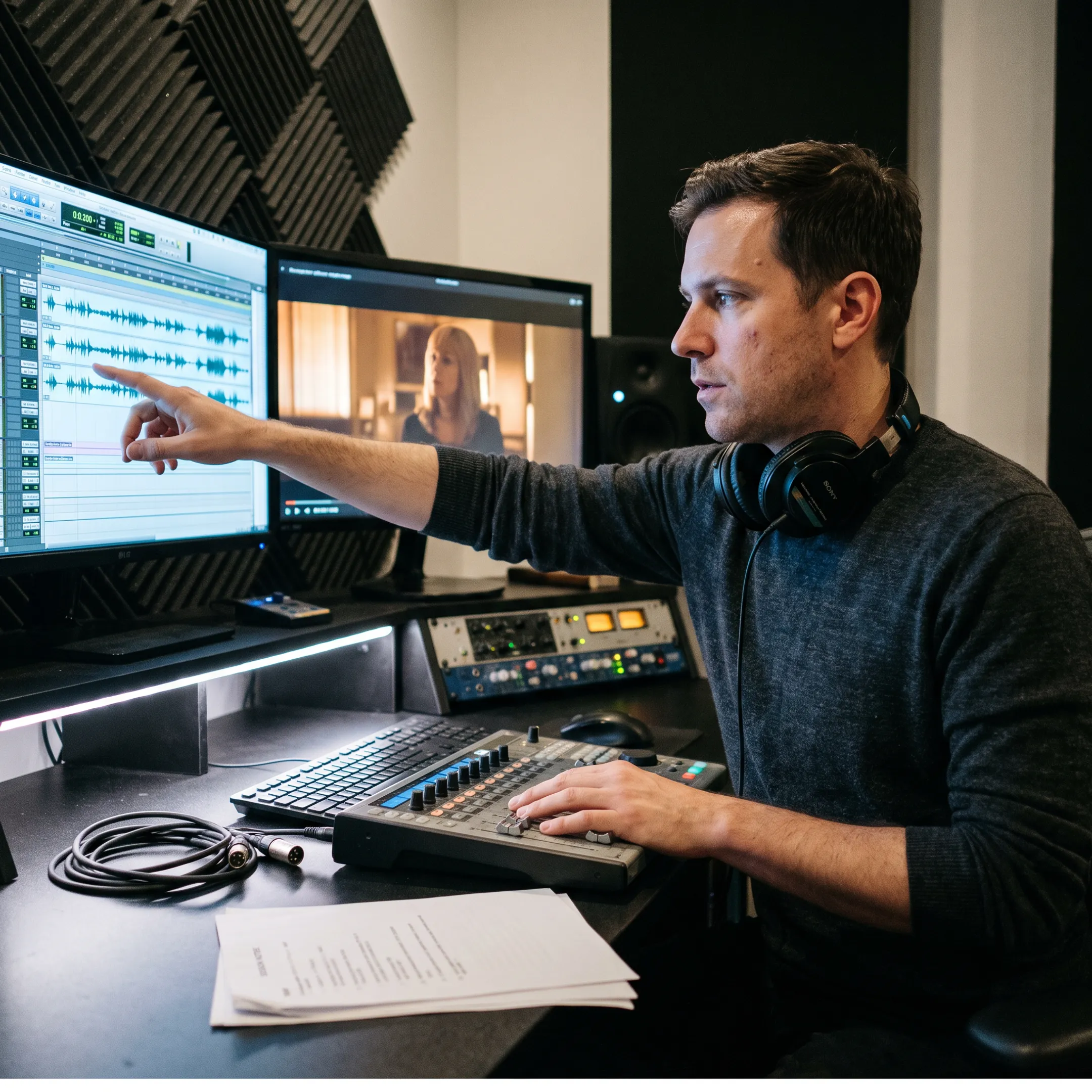 Producer reviewing trailer voice-over audio