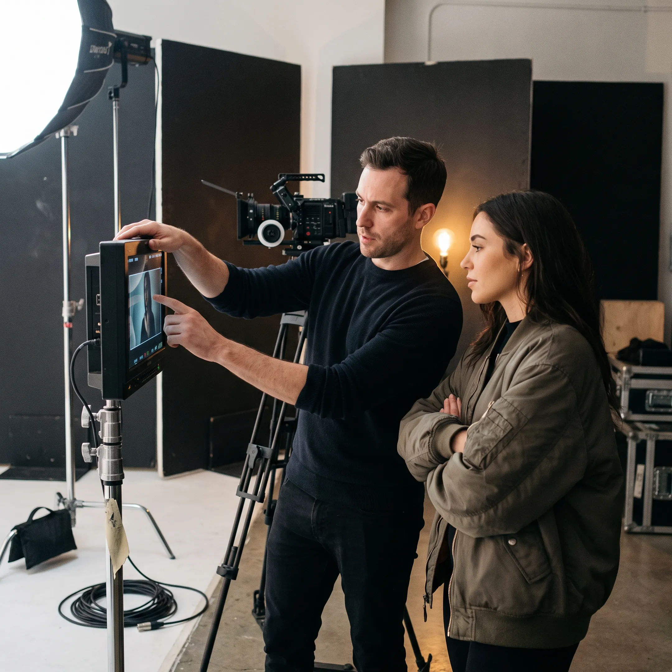 Director reviewing music video footage with an artist
