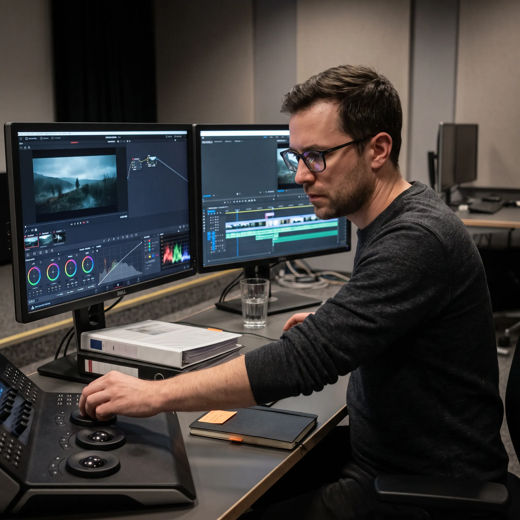 Editor reviewing footage in a post-production suite
