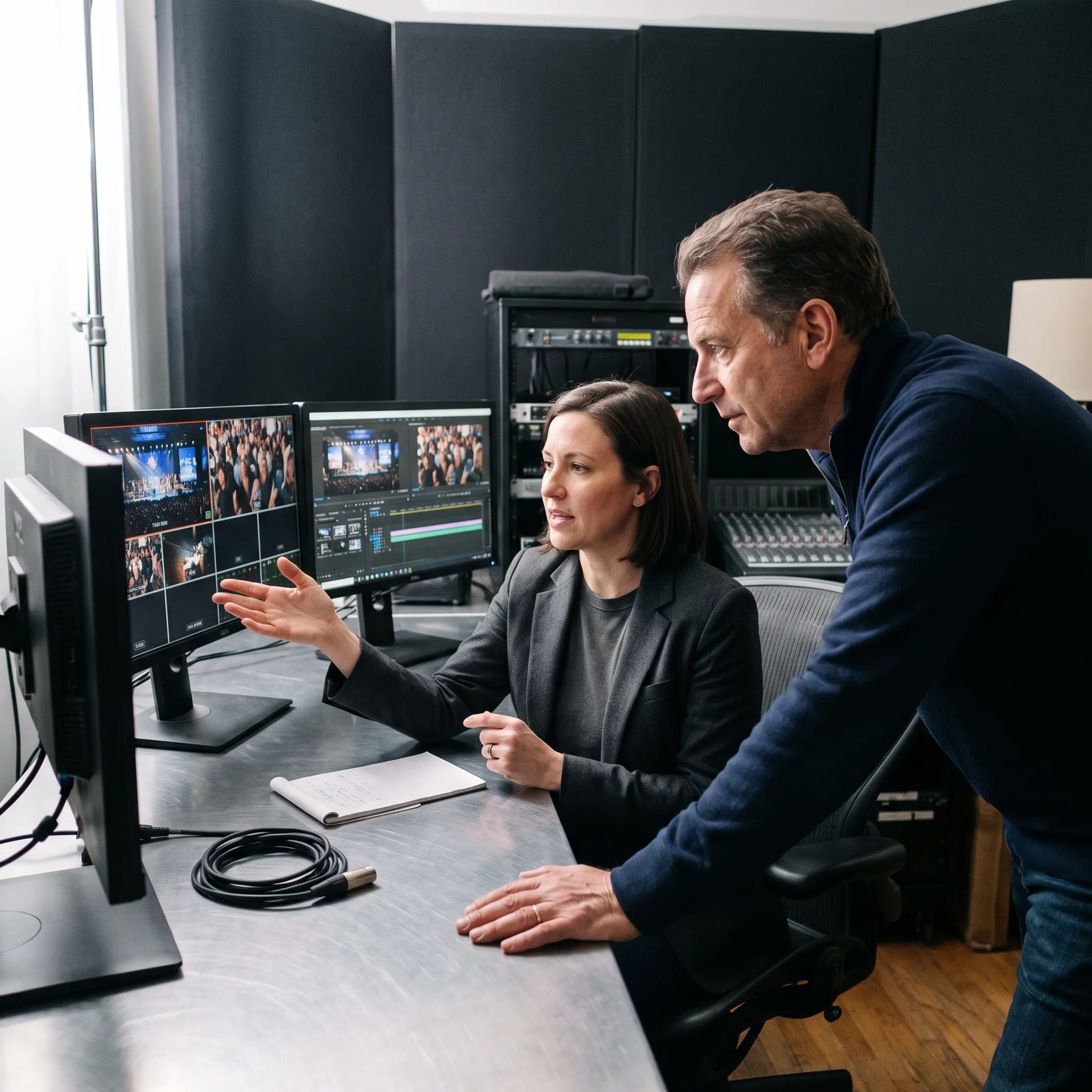 Video producer reviewing event footage with client