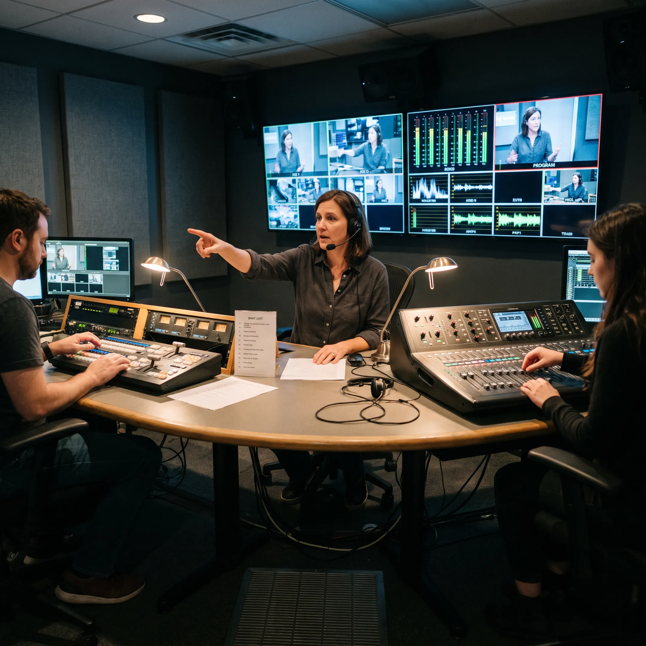 Director coordinating a live broadcast control room