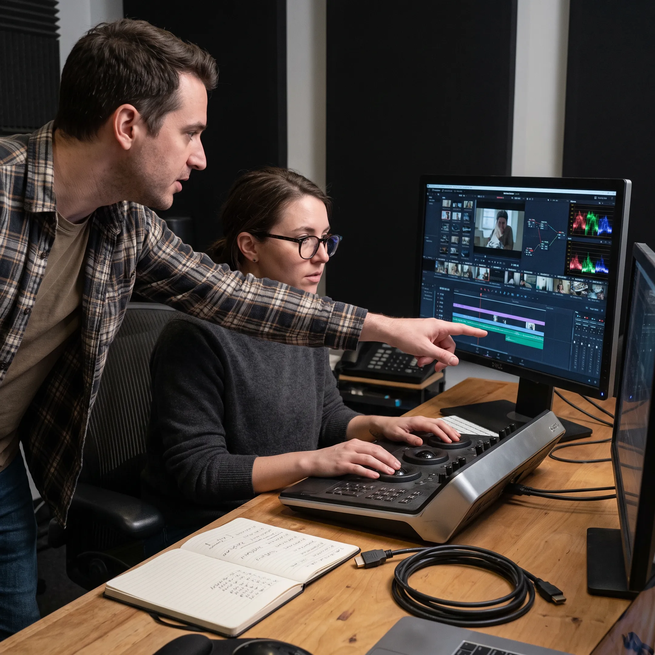Editor and producer reviewing video footage