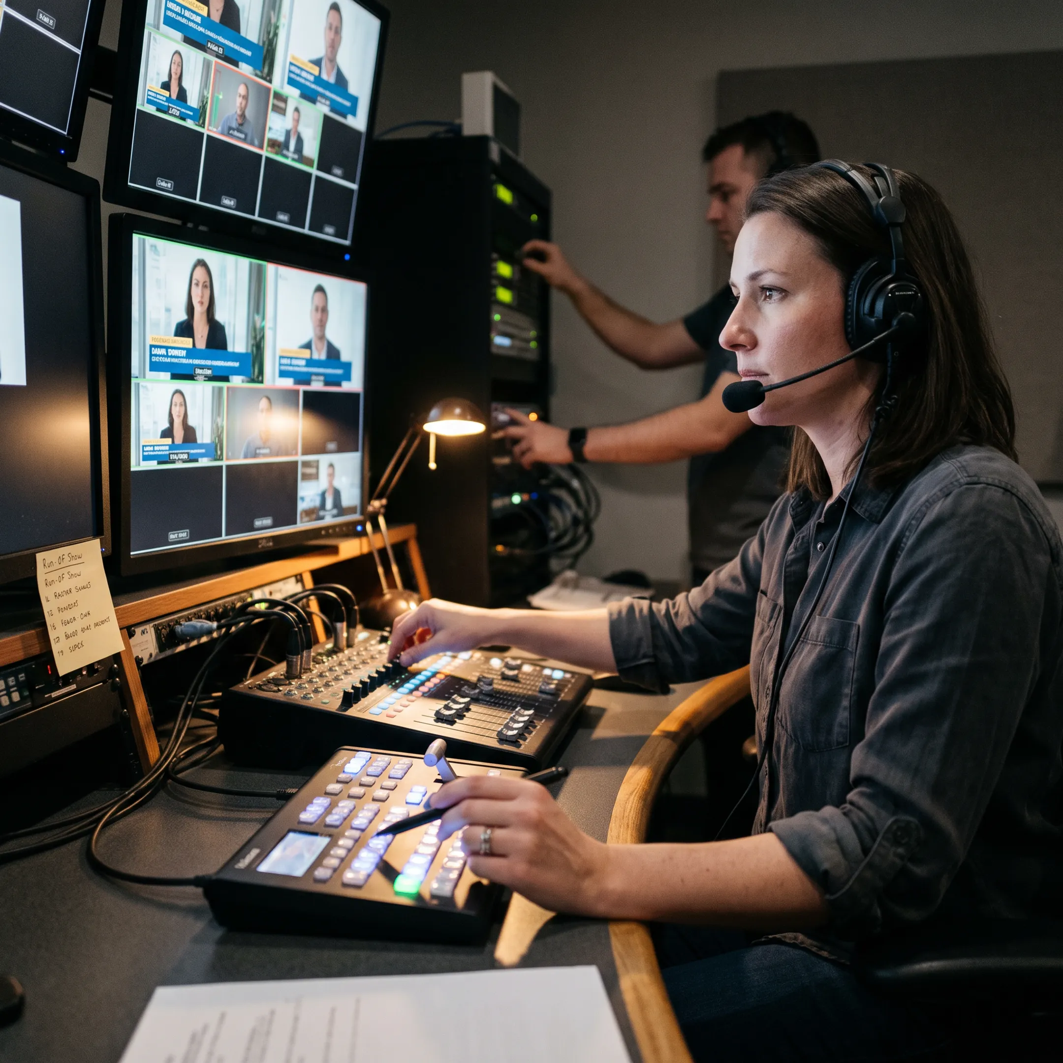 Producer directing a virtual event broadcast