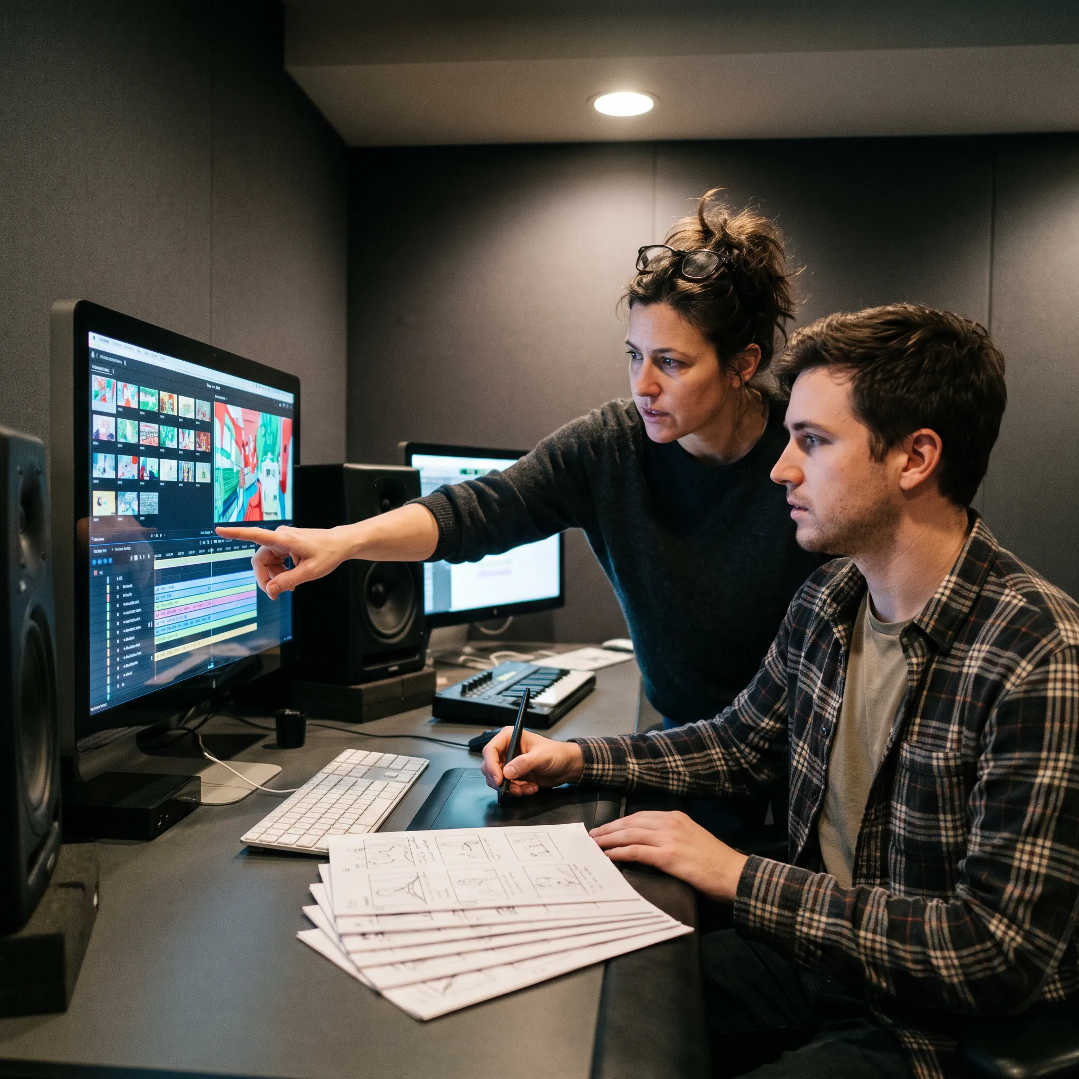 Creative team reviewing an animated storyboard