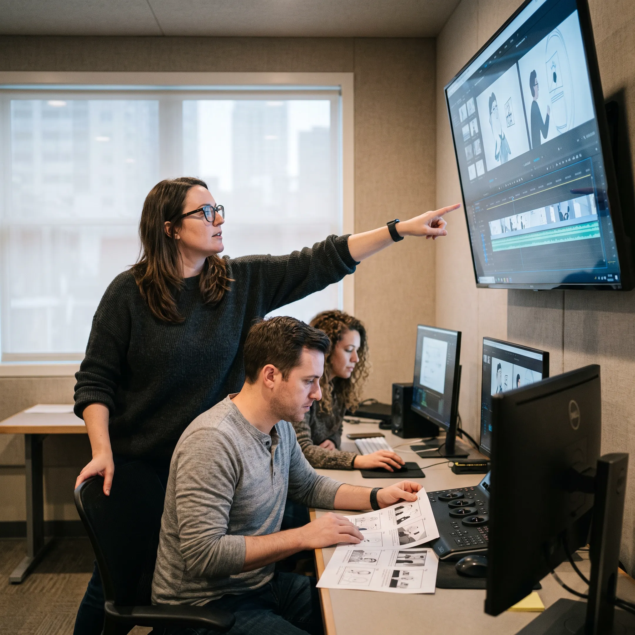 Creative team reviewing animated music video artwork
