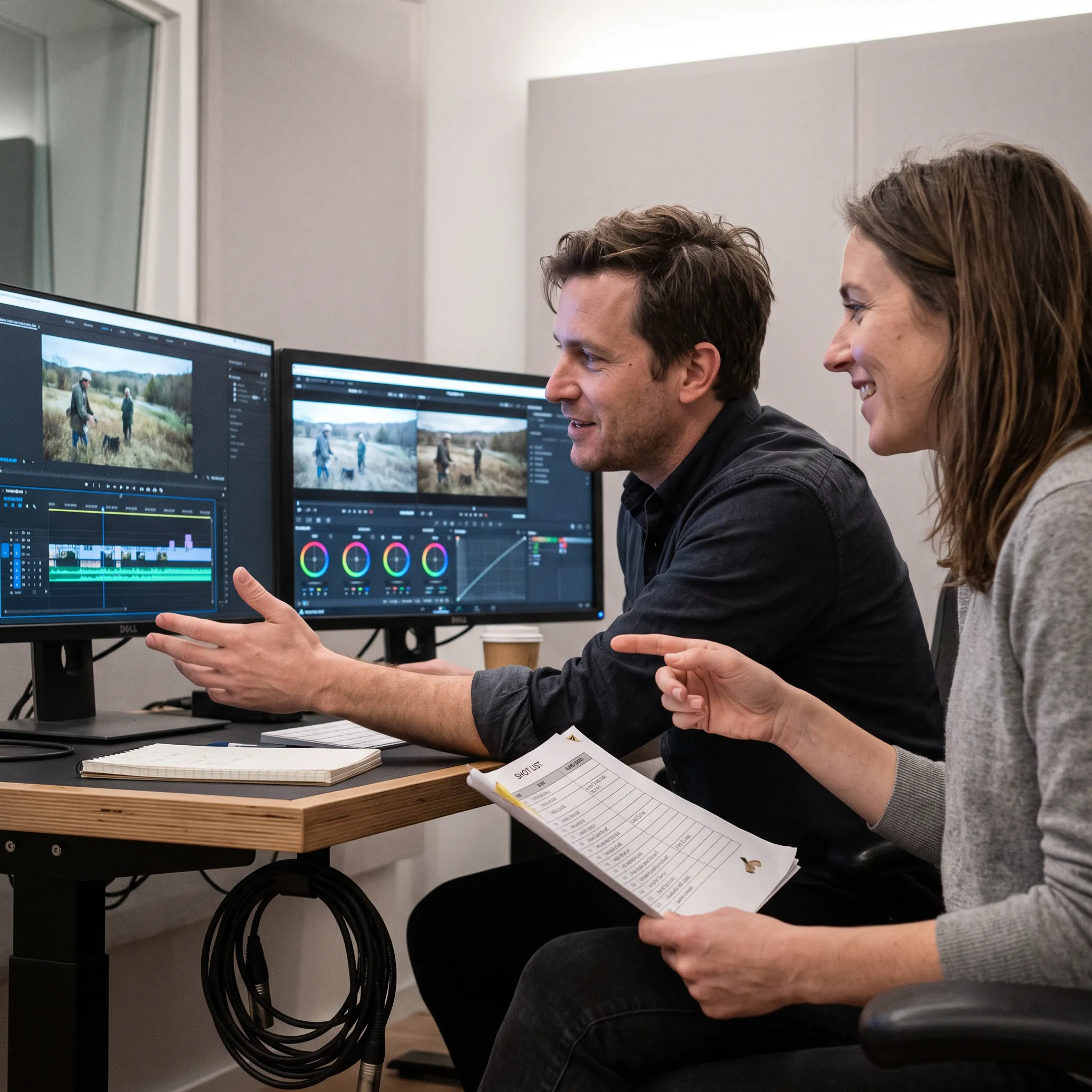 Producer and editor reviewing footage